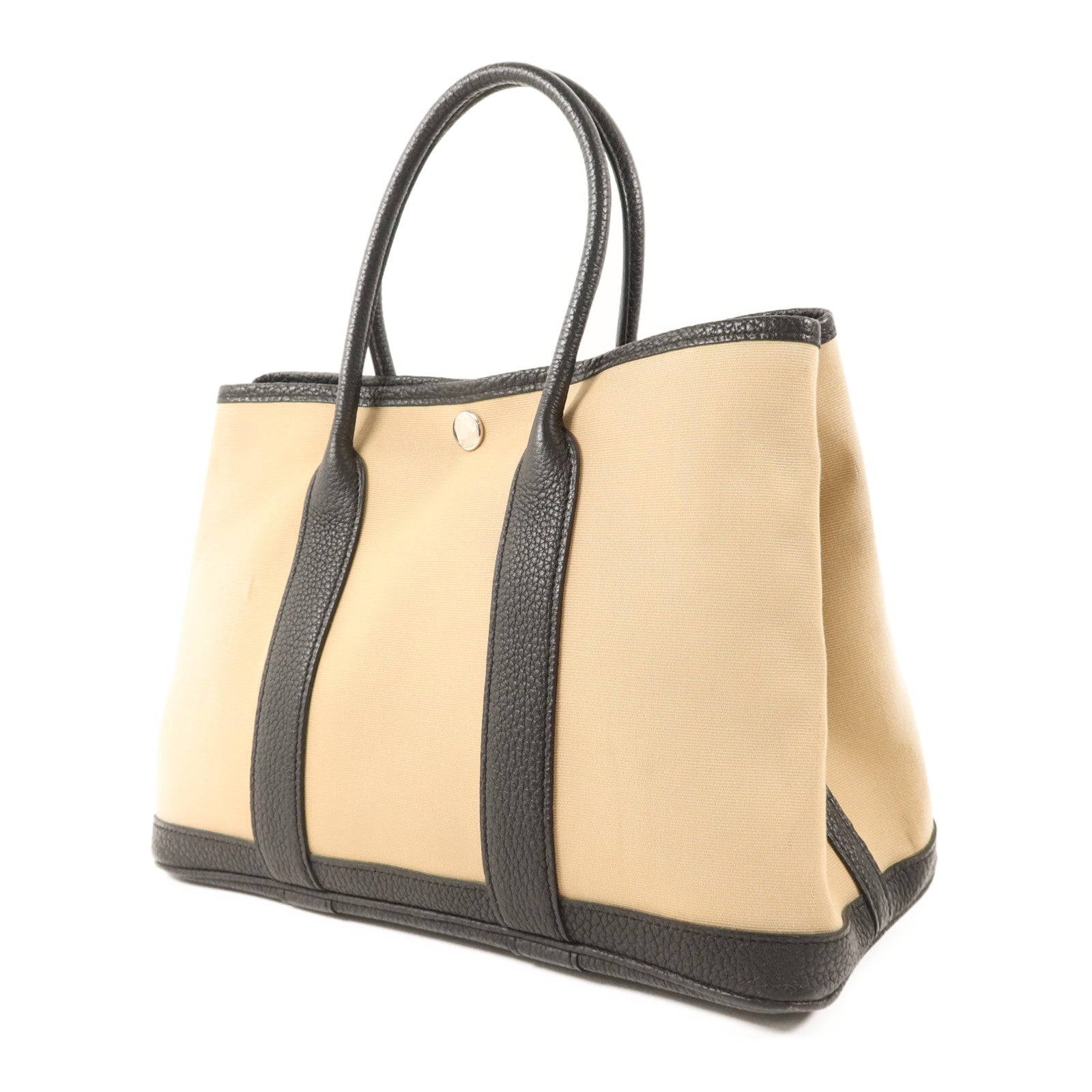 HERMES Negonda皮革/帆布Garden Party TPM銀扣手挽袋Trench/Noir