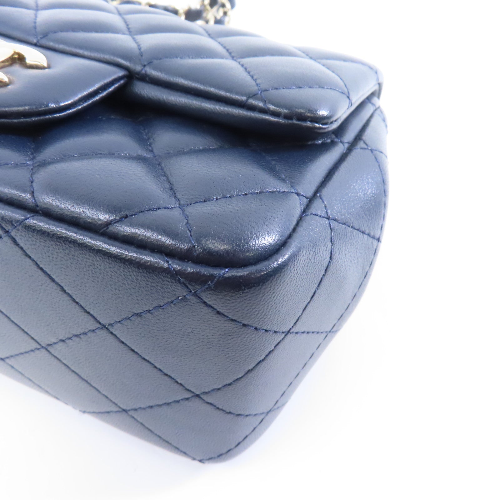 CHANEL 菱格羊皮皮革Chain Shoulder Bag金扣鏈帶肩背袋深藍色