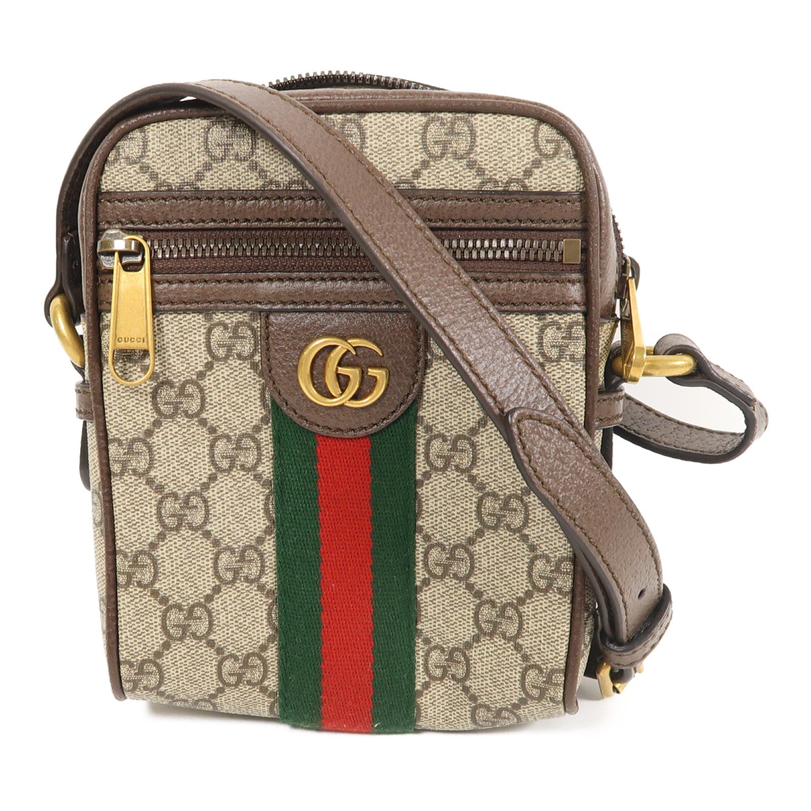 GUCCI 塗層帆布Ophidia GG金扣肩背袋棕色