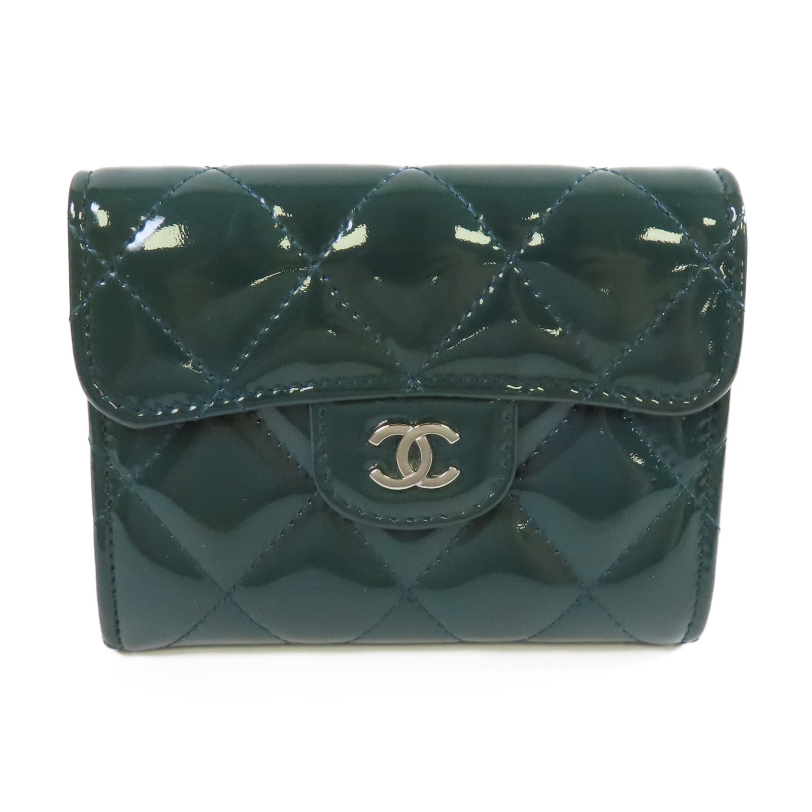 CHANEL 菱格漆皮皮革Card Coin Case銀扣卡片套/零錢包綠色