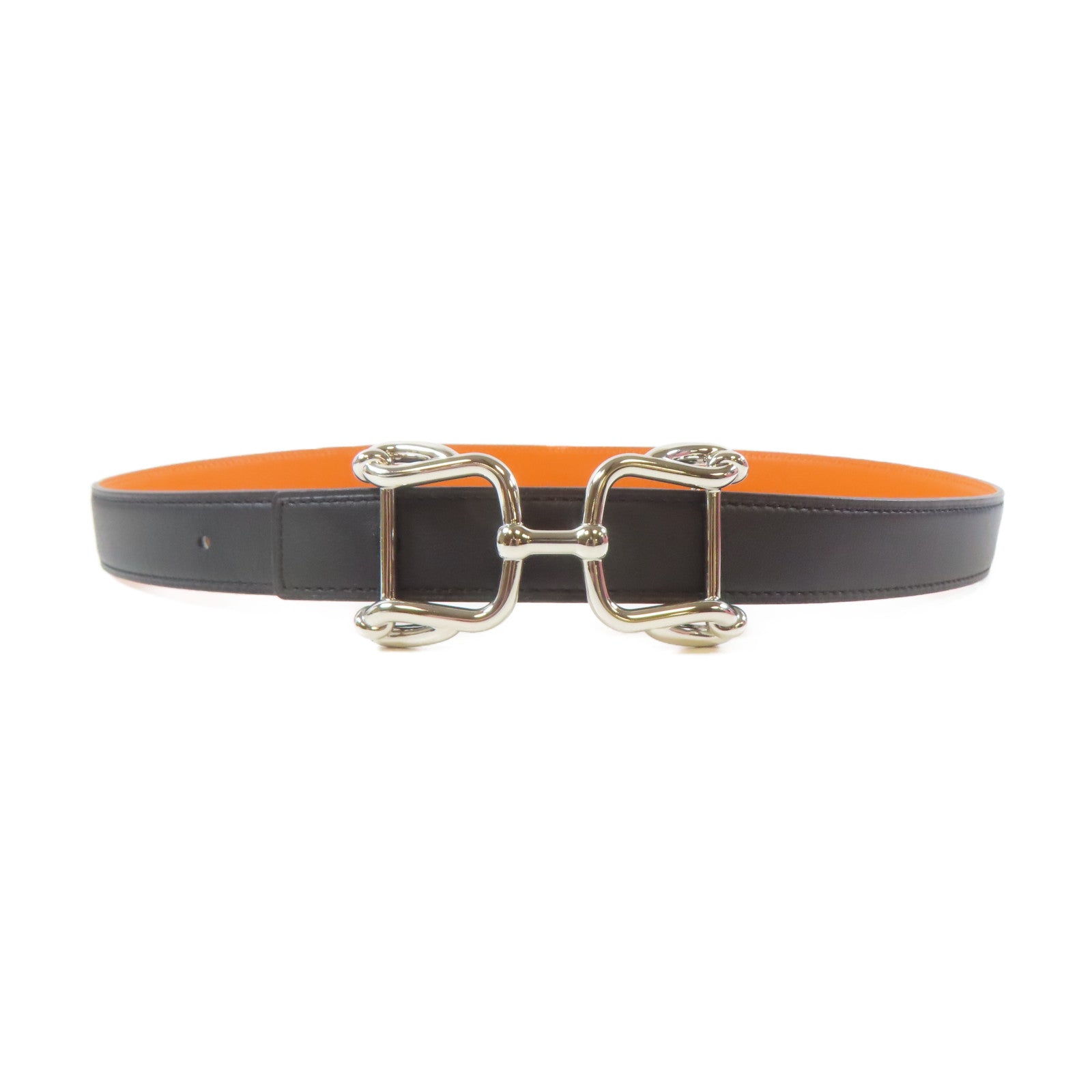 HERMES Veau Swift/Espom皮革Belt銀扣皮帶黑色/橙色