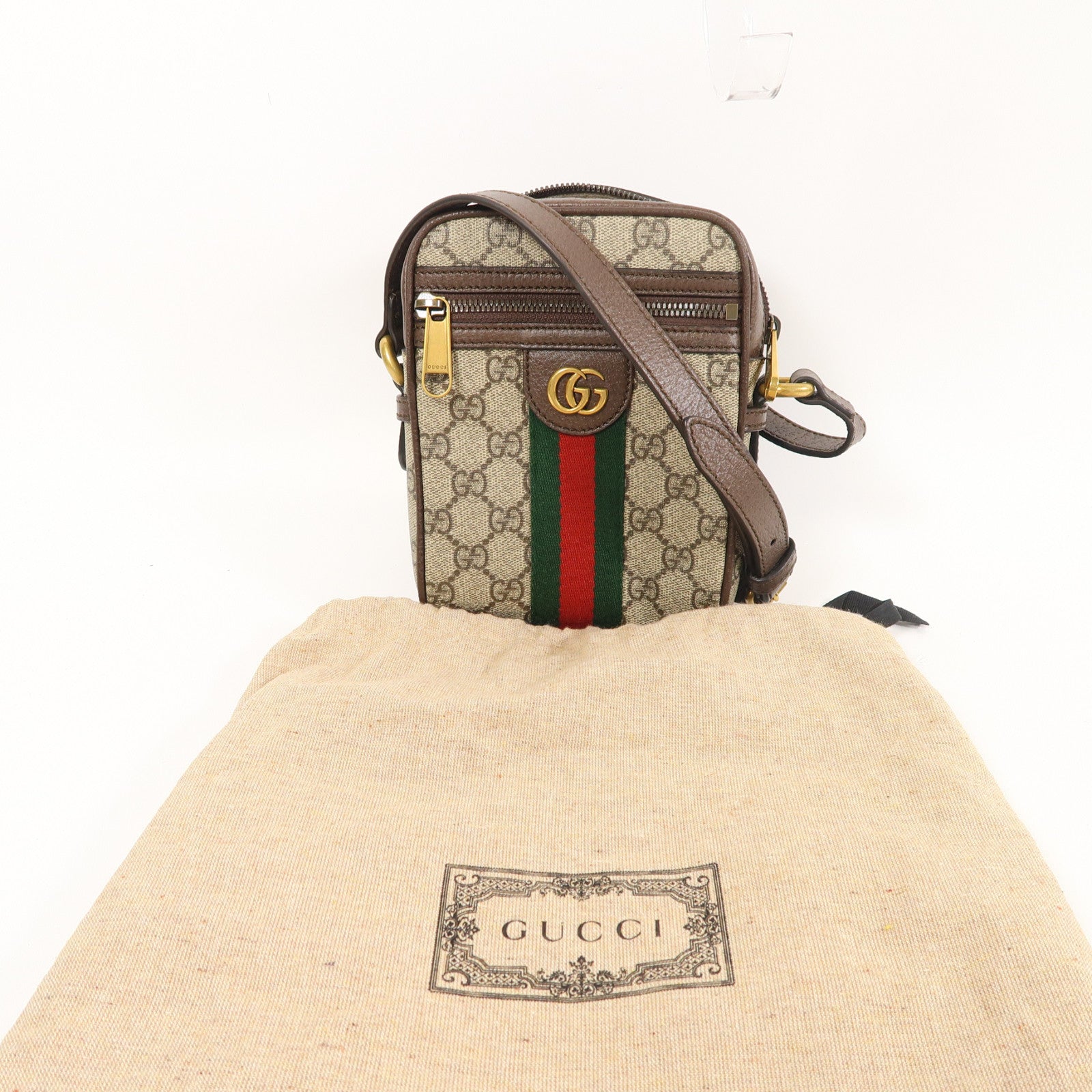 GUCCI 塗層帆布Ophidia GG金扣肩背袋棕色