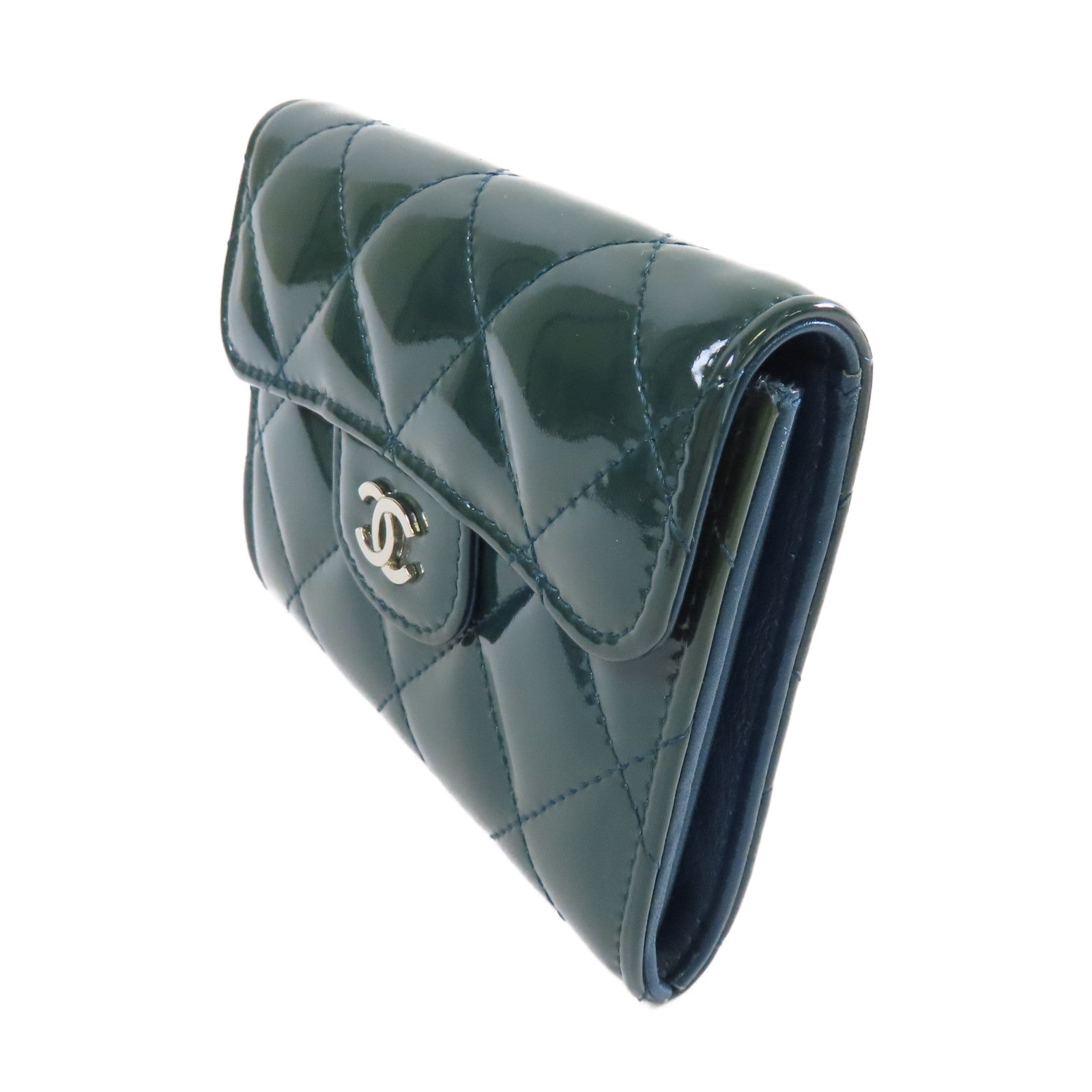 CHANEL 菱格漆皮皮革Card Coin Case銀扣卡片套/零錢包綠色