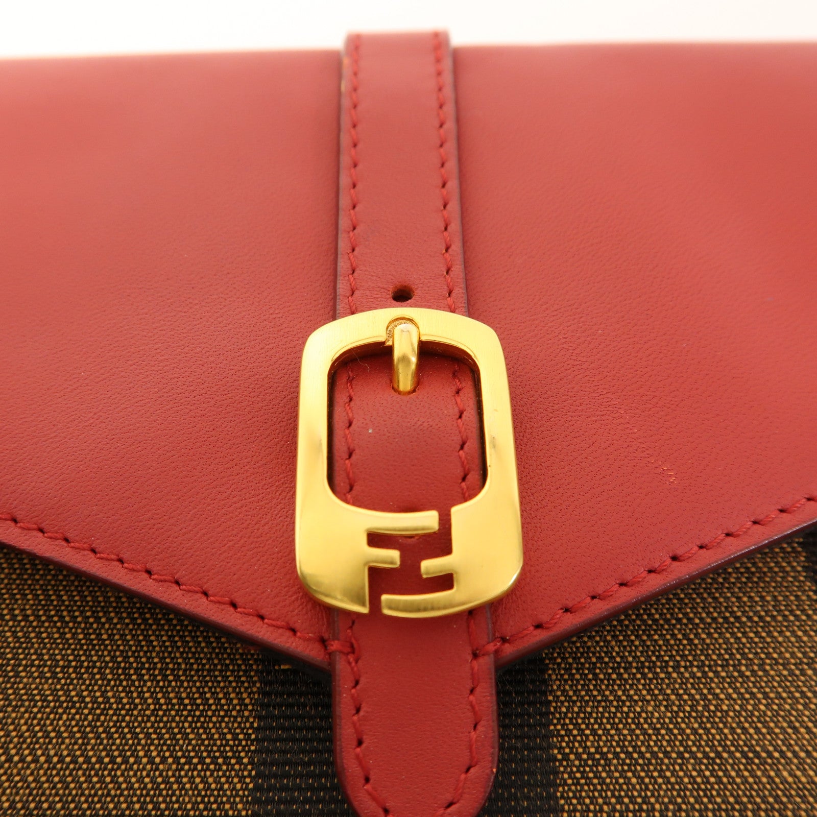 FENDI GHW Pequin Envelope Clutch Bag 8M0284 Canvas Calfskin Leather Brown Red