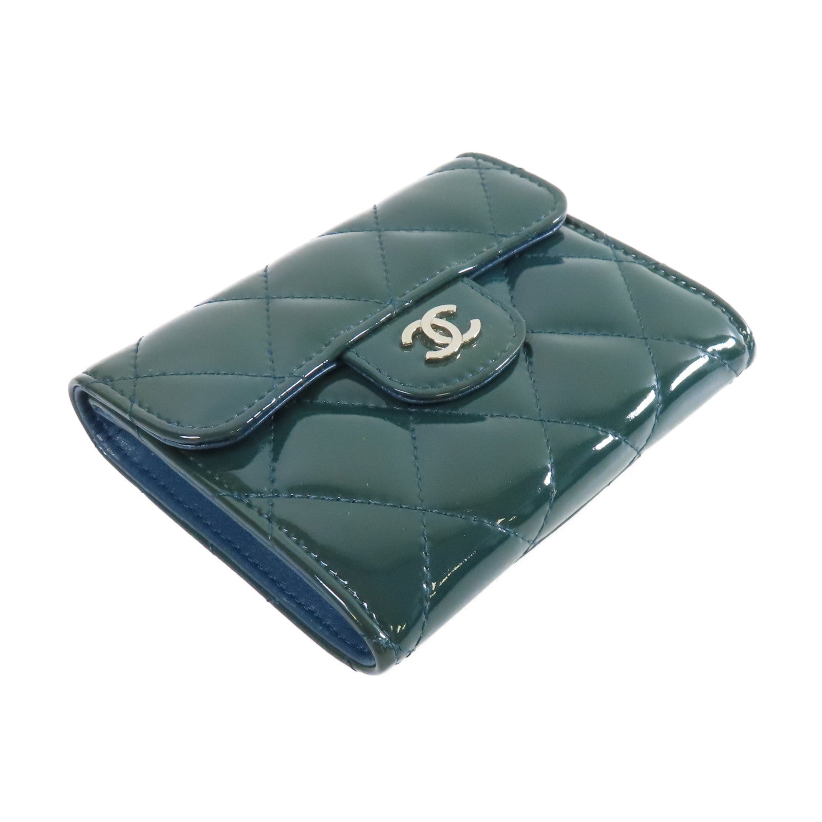 CHANEL 菱格漆皮皮革Card Coin Case銀扣卡片套/零錢包綠色