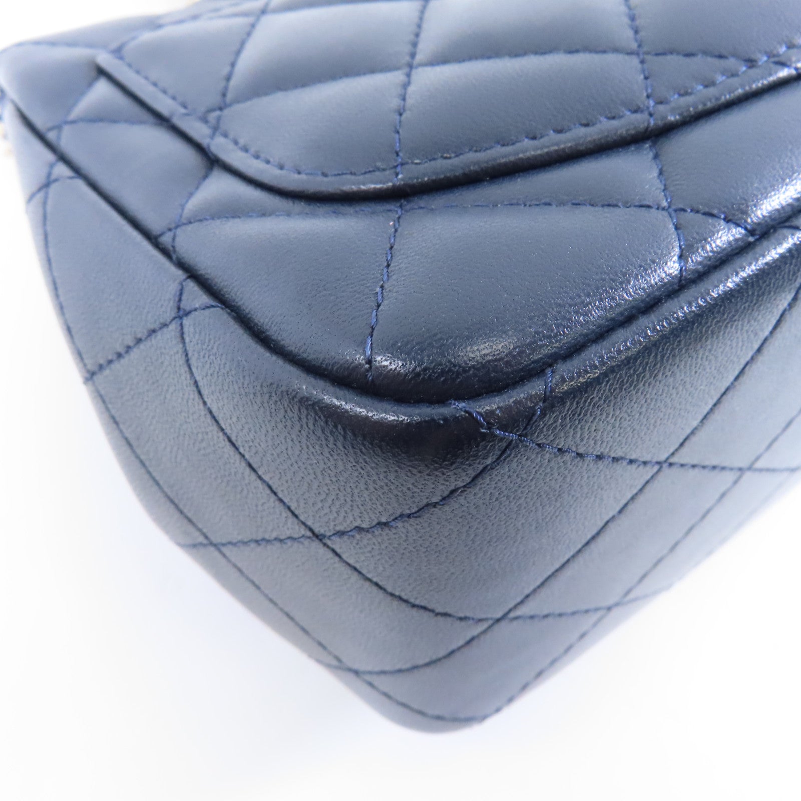 CHANEL 菱格羊皮皮革Chain Shoulder Bag金扣鏈帶肩背袋深藍色