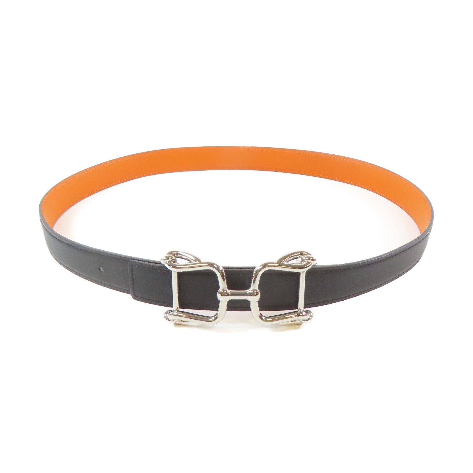 HERMES Veau Swift/Espom皮革Belt銀扣皮帶黑色/橙色
