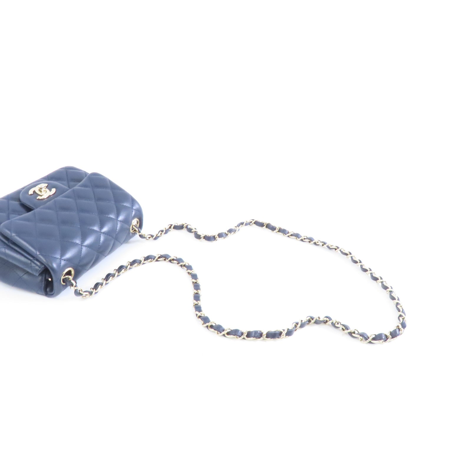 CHANEL 菱格羊皮皮革Chain Shoulder Bag金扣鏈帶肩背袋深藍色