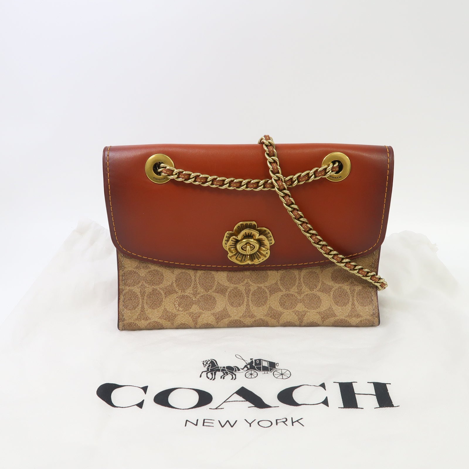 COACH 牛皮皮革Shoulder Bag金扣鏈帶肩背袋啡色