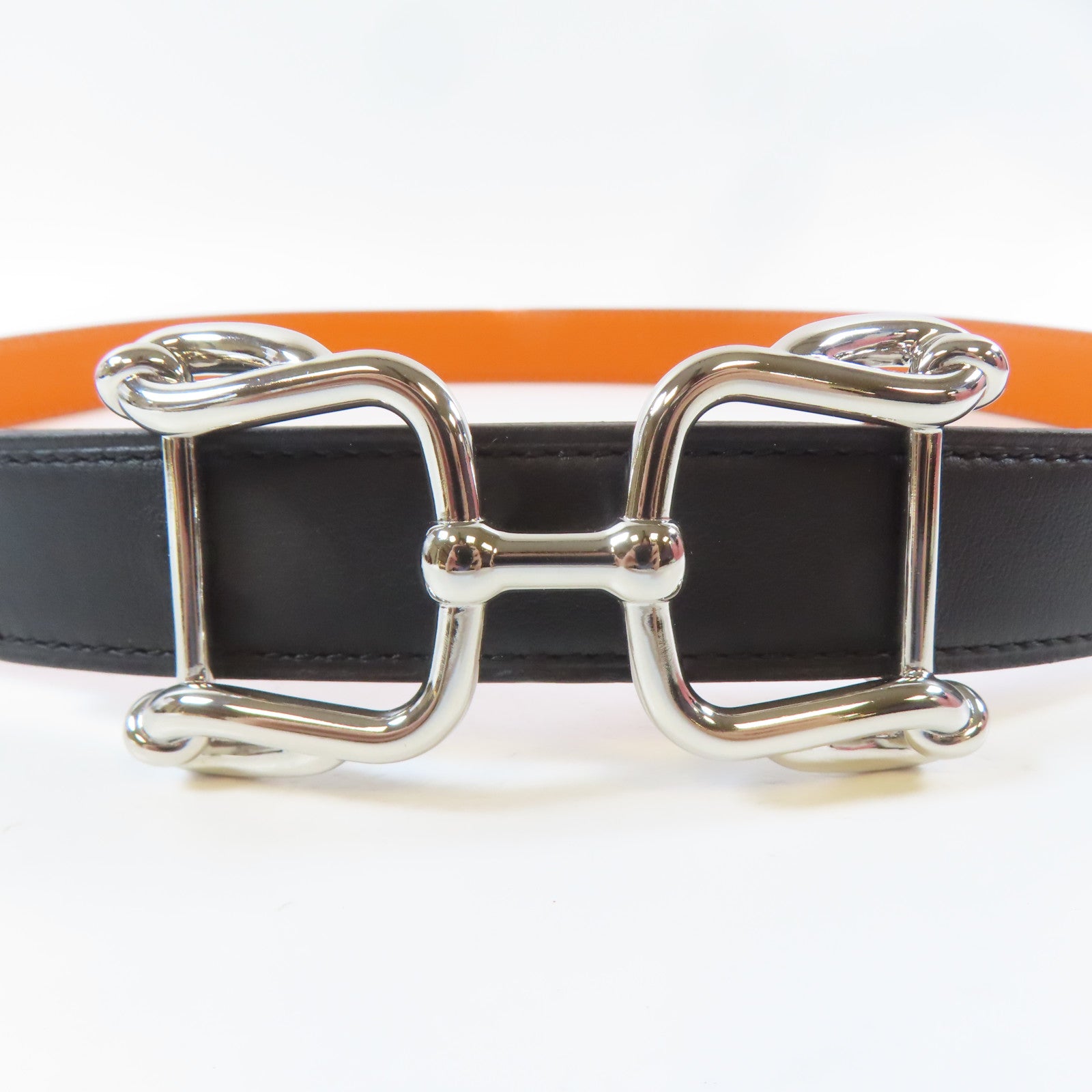 HERMES Veau Swift/Espom皮革Belt銀扣皮帶黑色/橙色