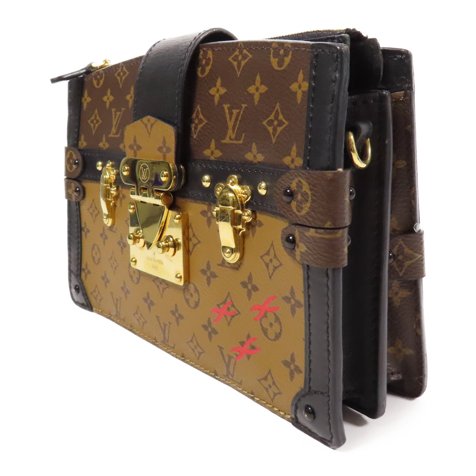 LOUIS VUITTON Monogram Reverse Trunk Clutch金扣肩背袋棕色