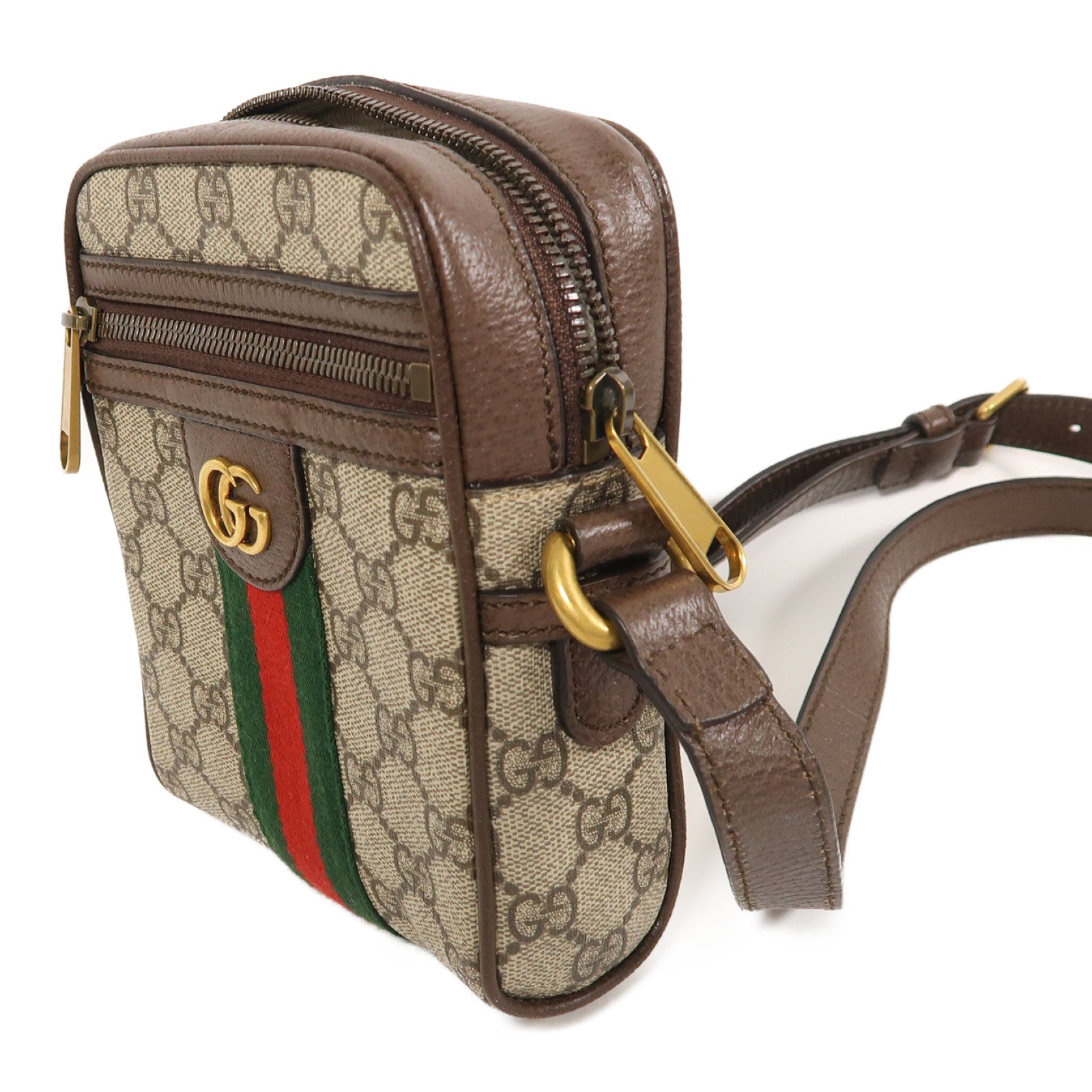 GUCCI 塗層帆布Ophidia GG金扣肩背袋棕色