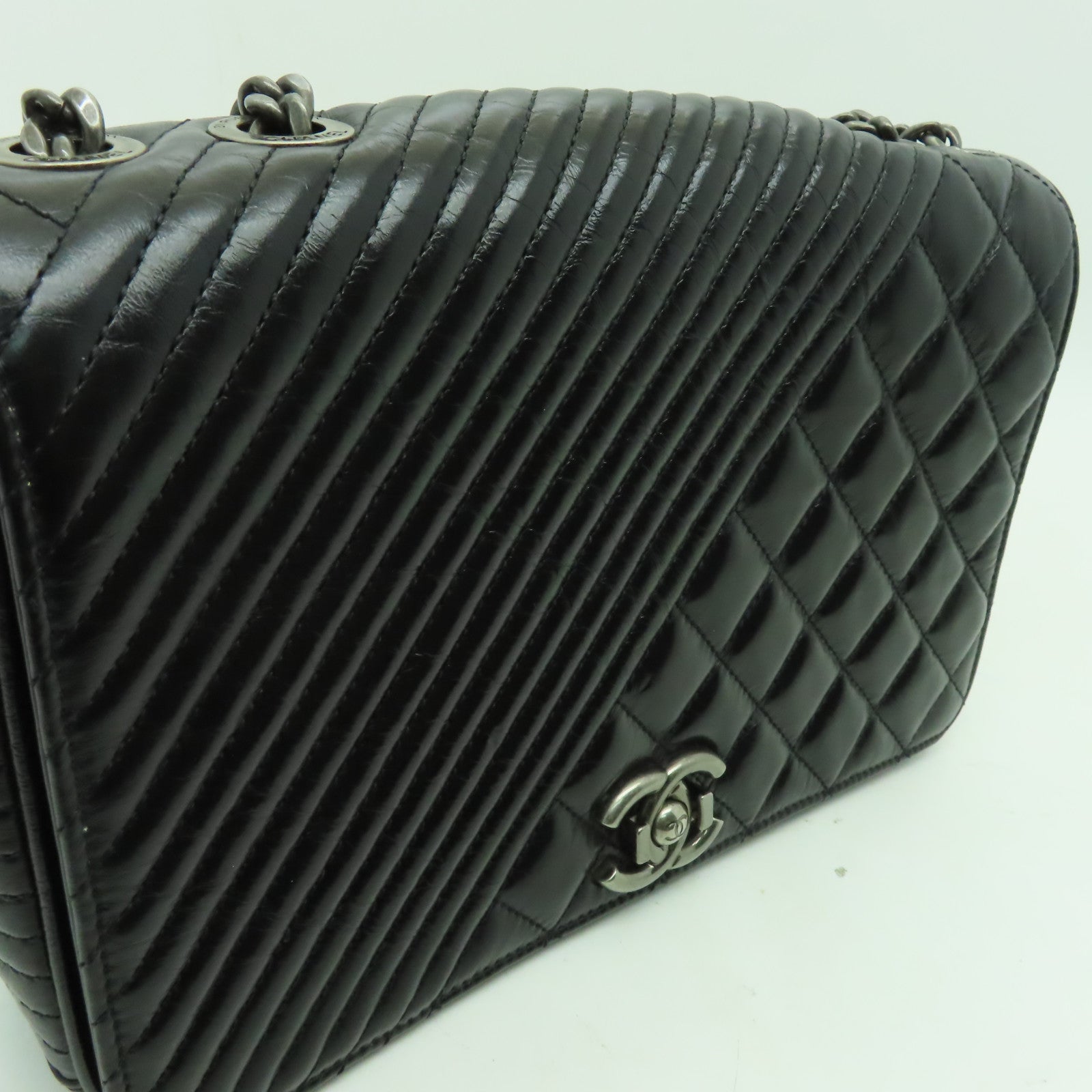 CHANEL 牛皮皮革Chain Shoulder銀扣肩背袋黑色