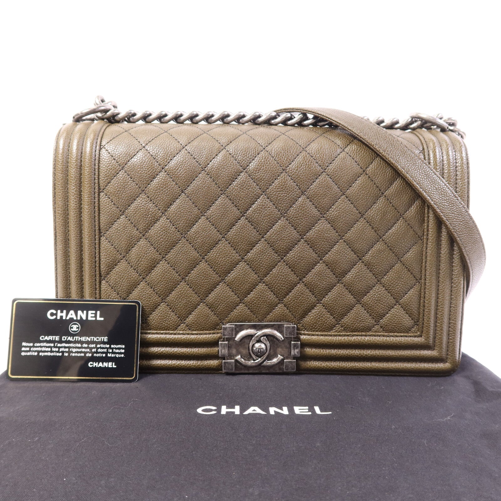 CHANEL 牛皮皮革Boy 28銀扣鏈帶肩背袋