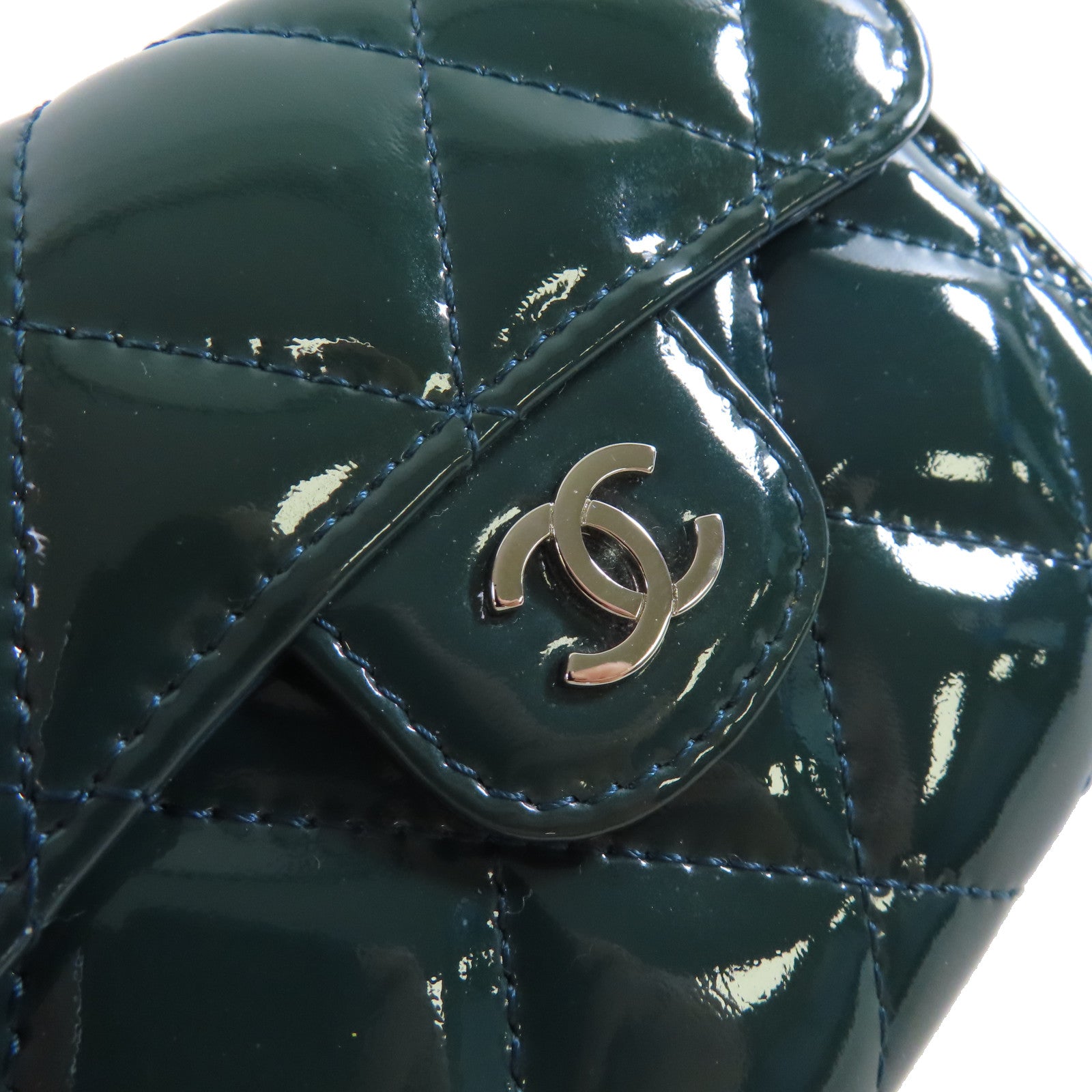 CHANEL 菱格漆皮皮革Card Coin Case銀扣卡片套/零錢包綠色