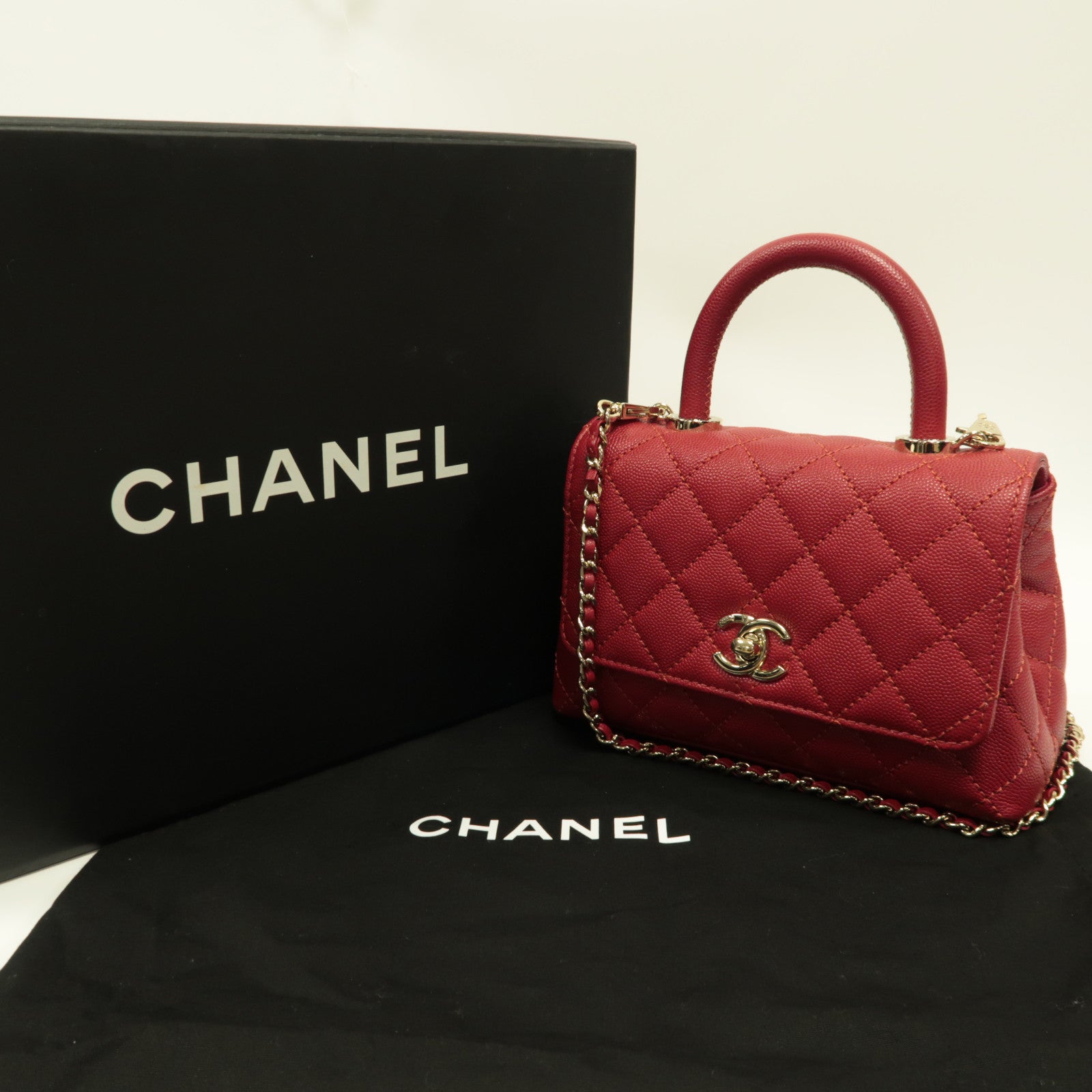 CHANEL 【激減優惠】菱格Caviar皮革Mini Coco Handle金扣手挽肩背兩用袋紅色