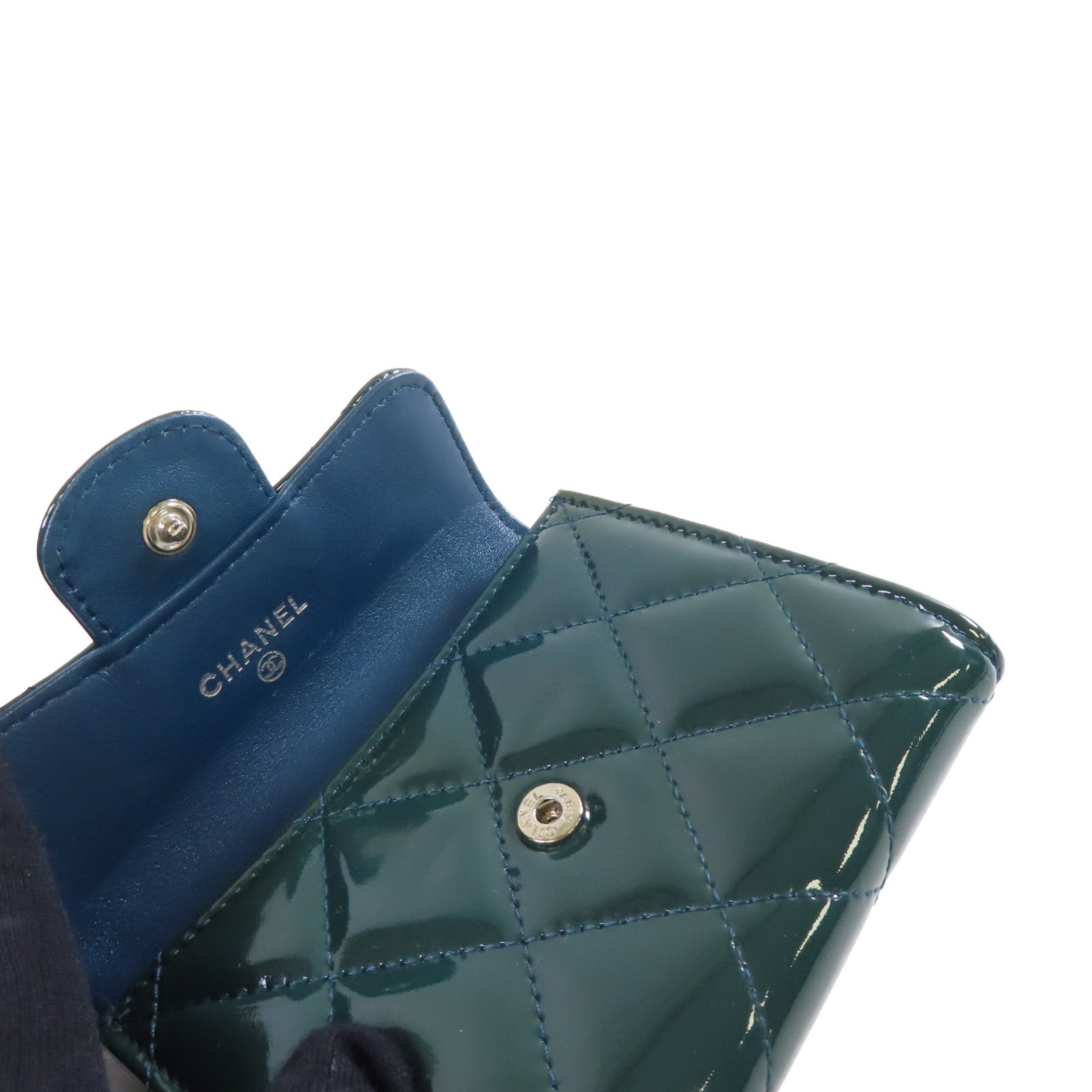 CHANEL 菱格漆皮皮革Card Coin Case銀扣卡片套/零錢包綠色