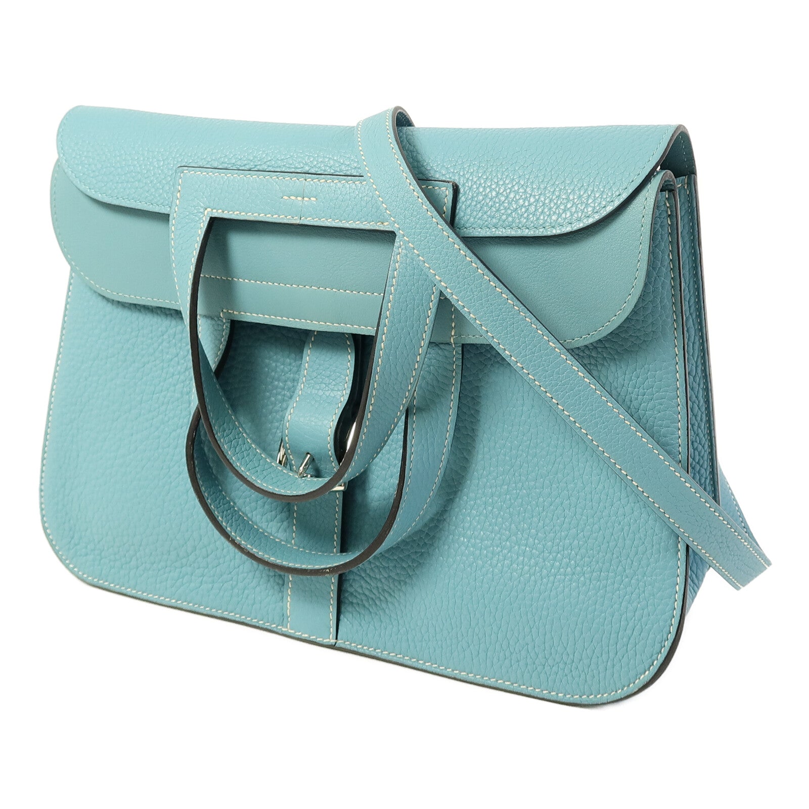 HERMES Clemence皮革Halzan 31銀扣手挽肩背兩用袋Bleu Saint