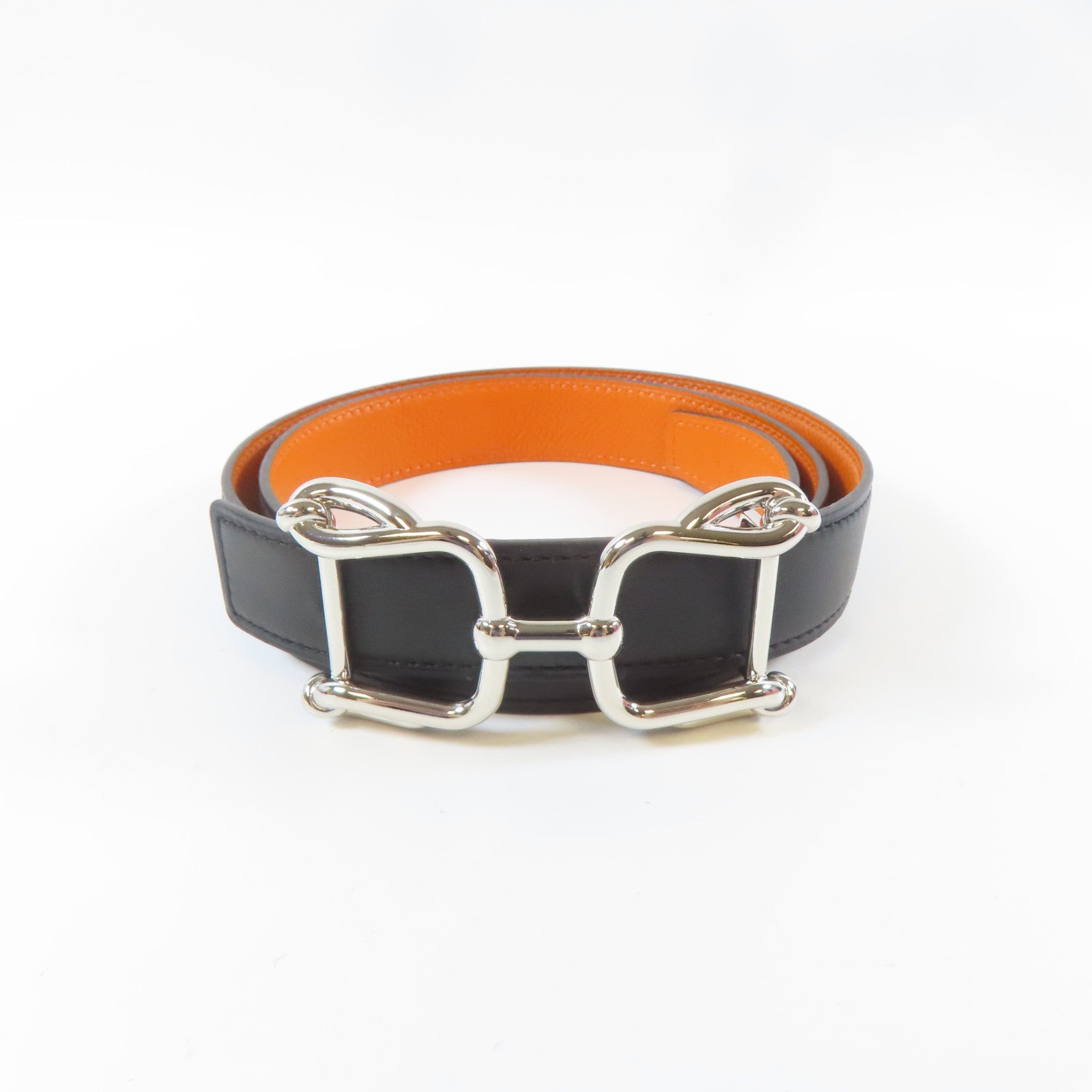 HERMES Veau Swift/Espom皮革Belt銀扣皮帶黑色/橙色