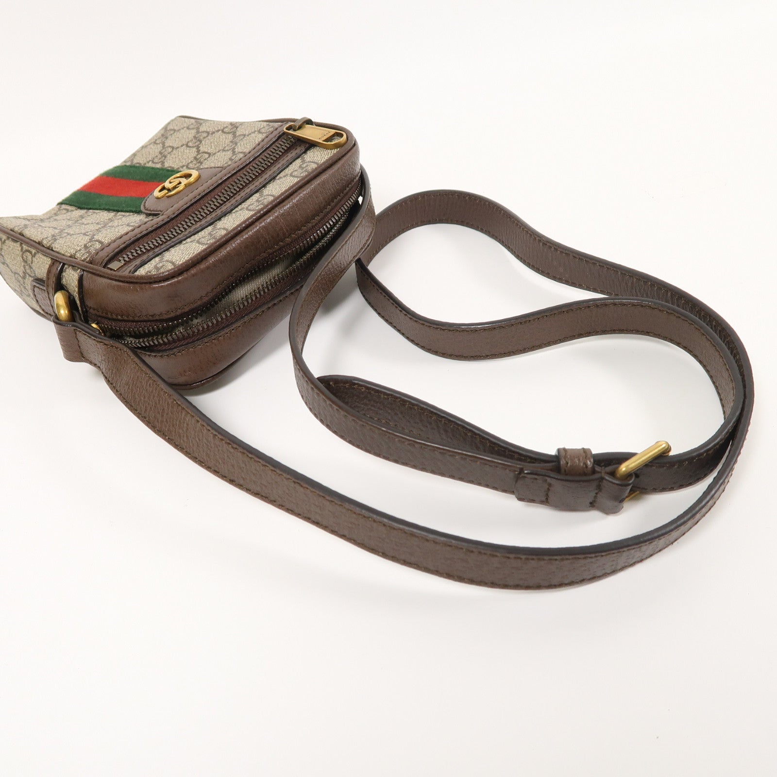 GUCCI 塗層帆布Ophidia GG金扣肩背袋棕色