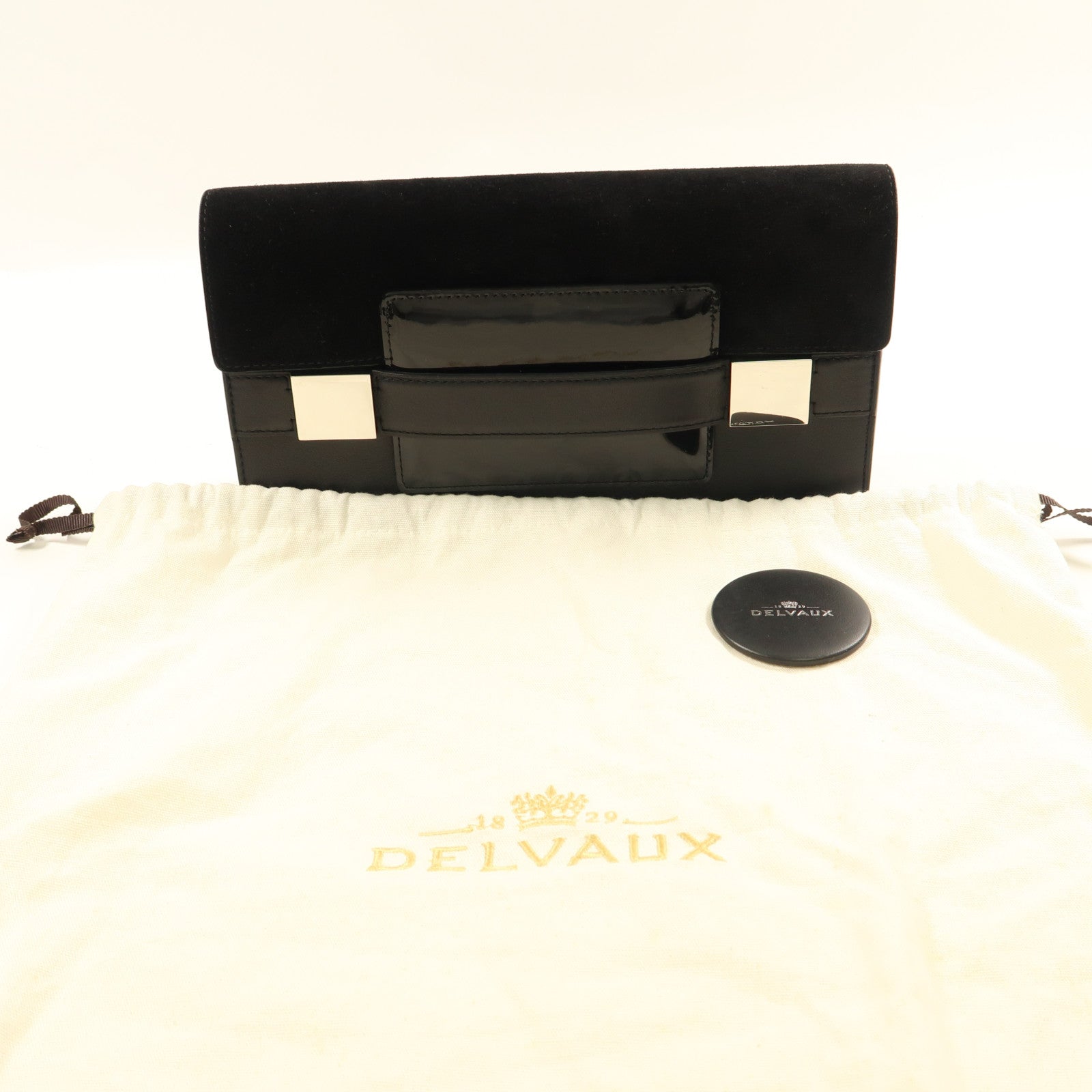 Delvaux 皮革/絨布Hand Bag銀扣手拿包黑色