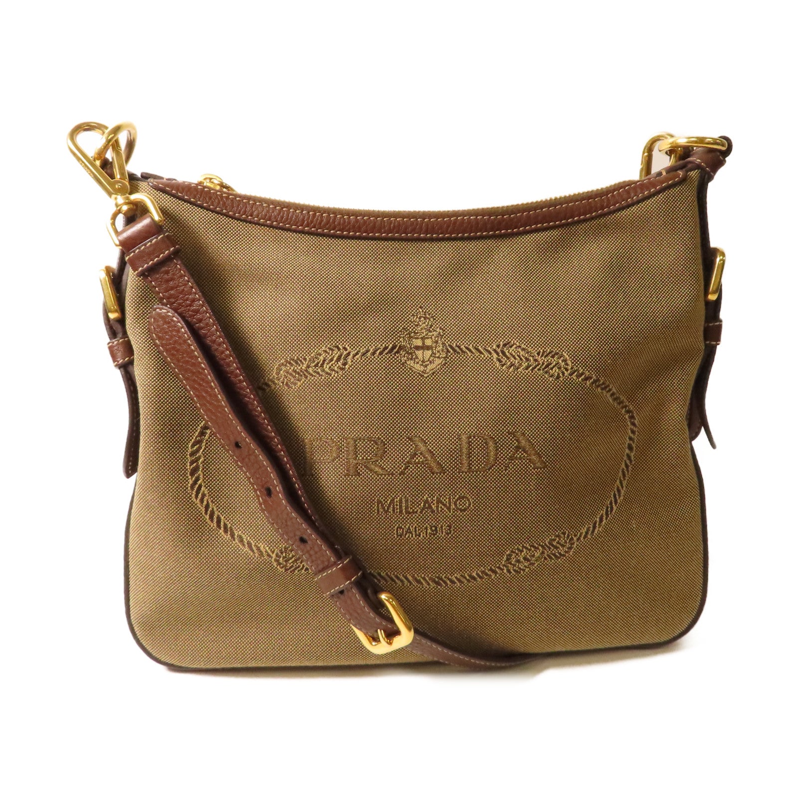 PRADA 帆布Logo Jacquard Shoulder Bag金扣肩背袋啡色