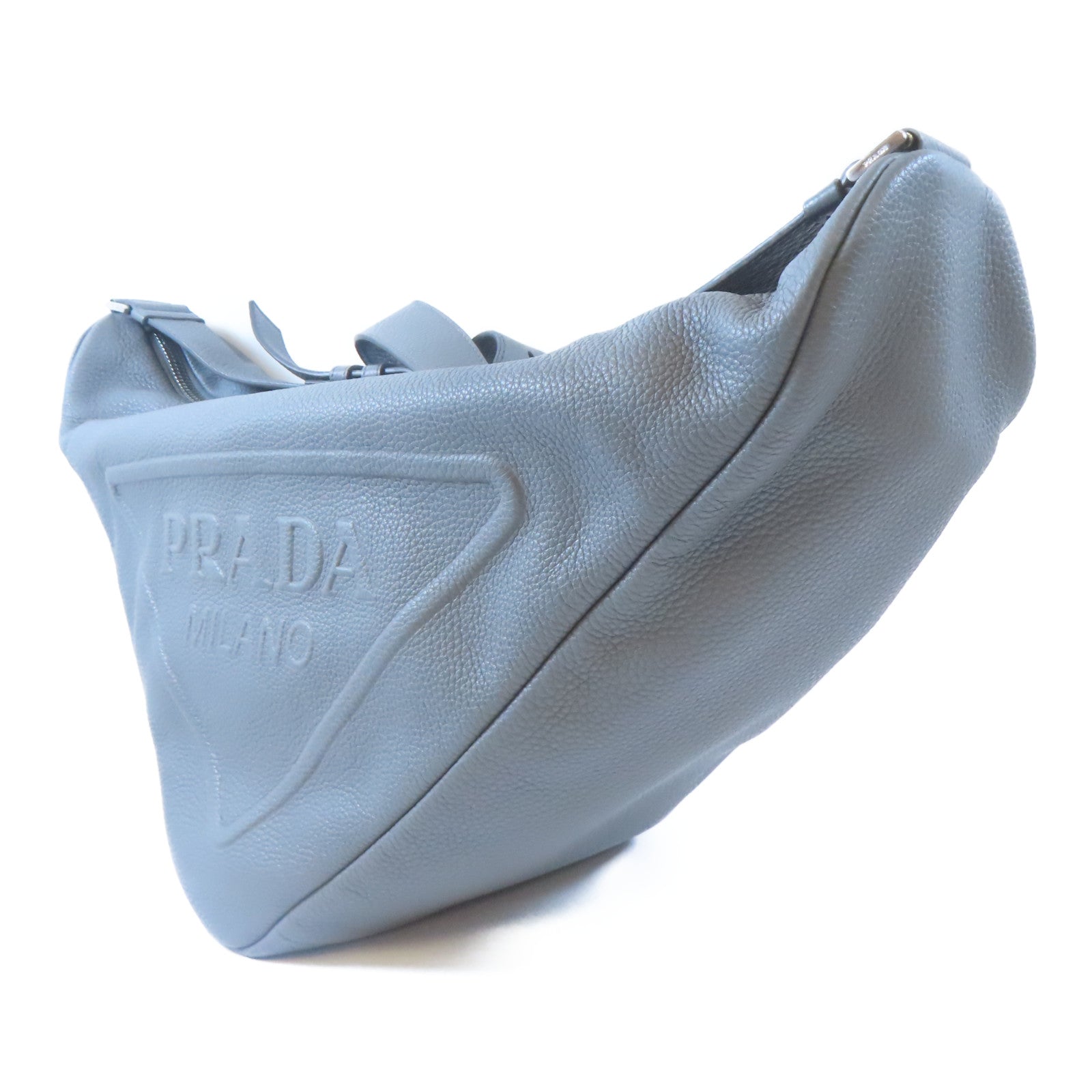 PRADA 牛皮皮革Shoulder Bag銀扣肩背袋灰色