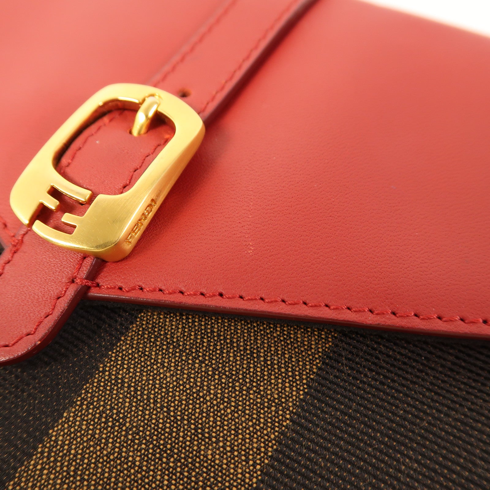 FENDI GHW Pequin Envelope Clutch Bag 8M0284 Canvas Calfskin Leather Brown Red