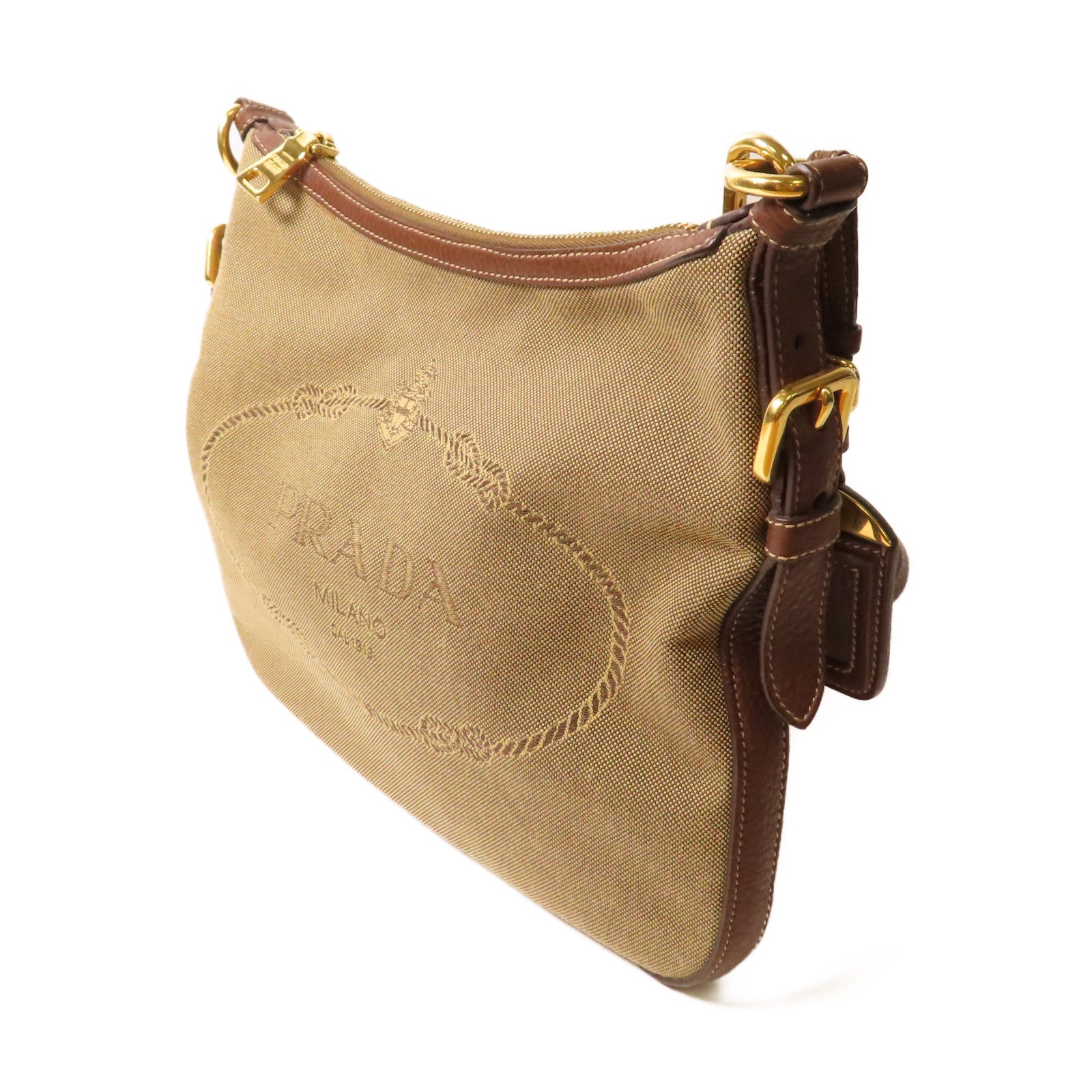 PRADA 帆布Logo Jacquard Shoulder Bag金扣肩背袋啡色