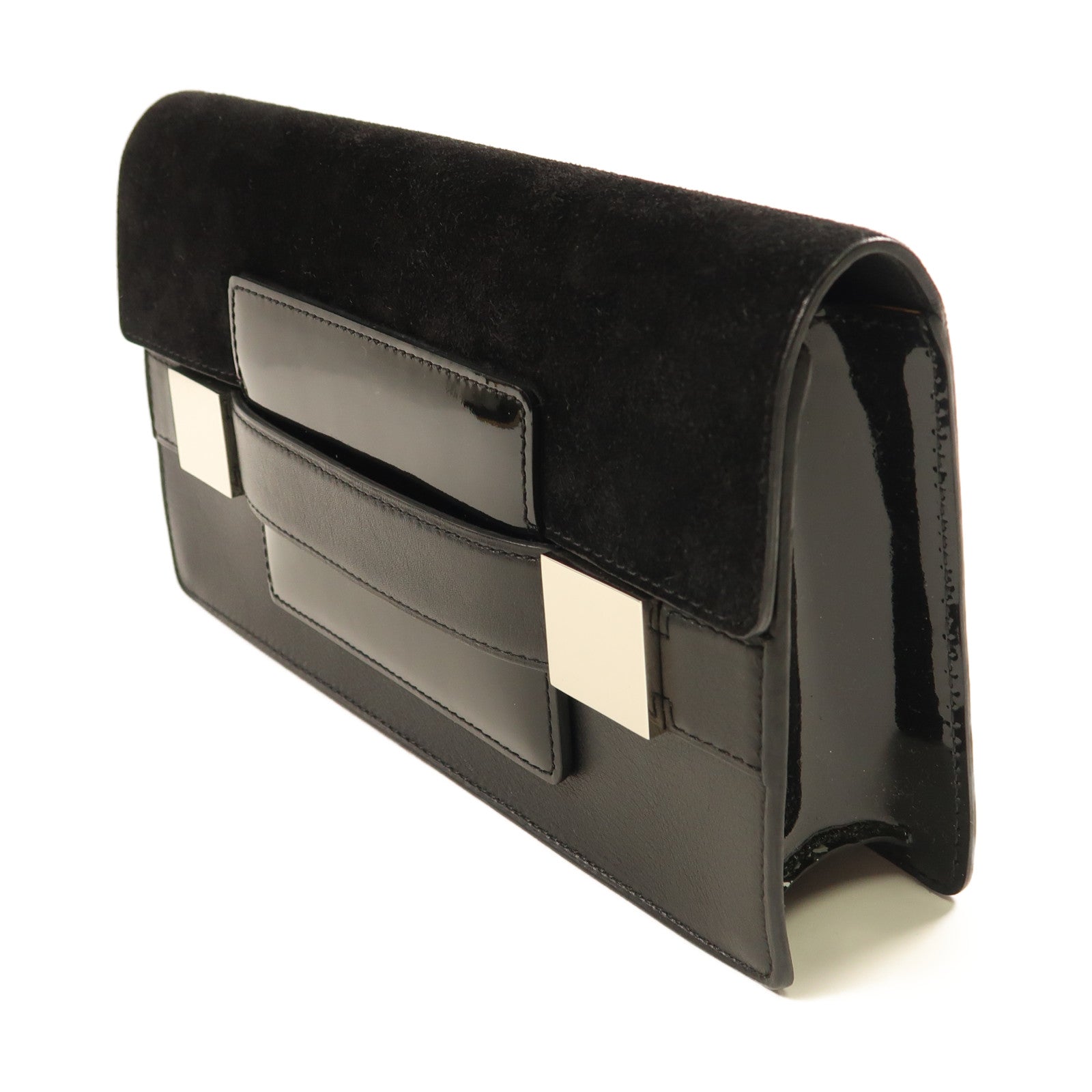 Delvaux 【激減優惠】皮革/絨布Hand Bag銀扣手拿包黑色