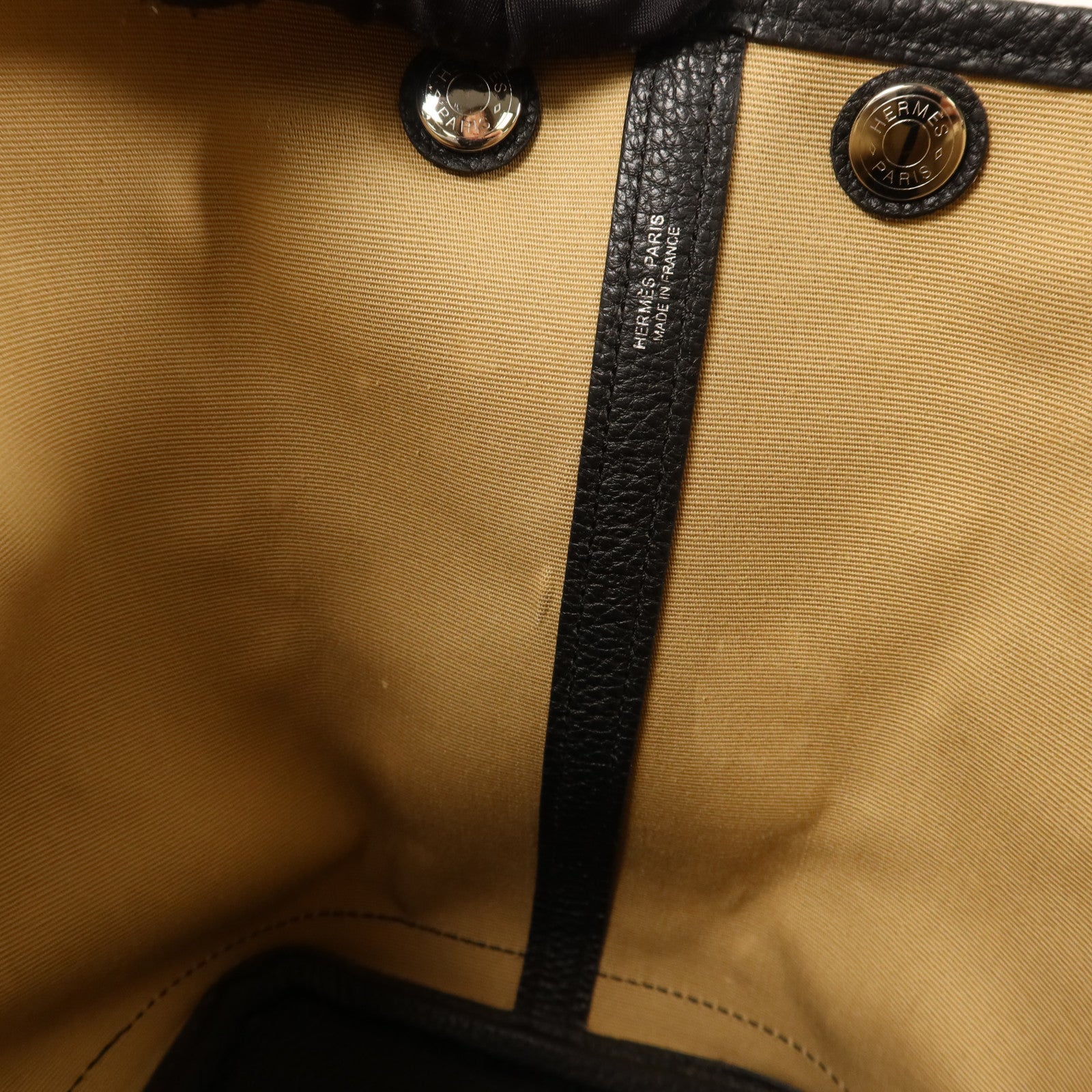 HERMES Negonda皮革/帆布Garden Party TPM銀扣手挽袋Trench/Noir