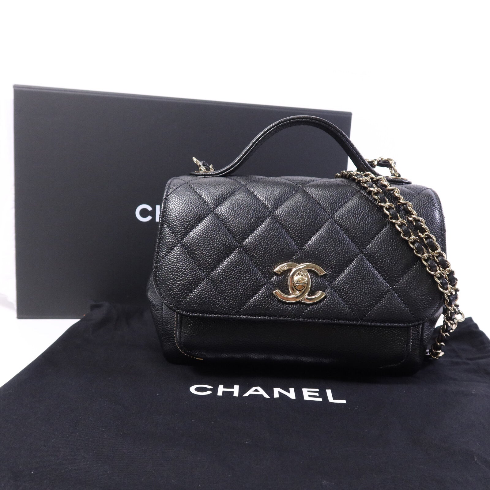 CHANEL 牛皮皮革Business Affinity Small金扣鏈帶手挽肩背兩用袋