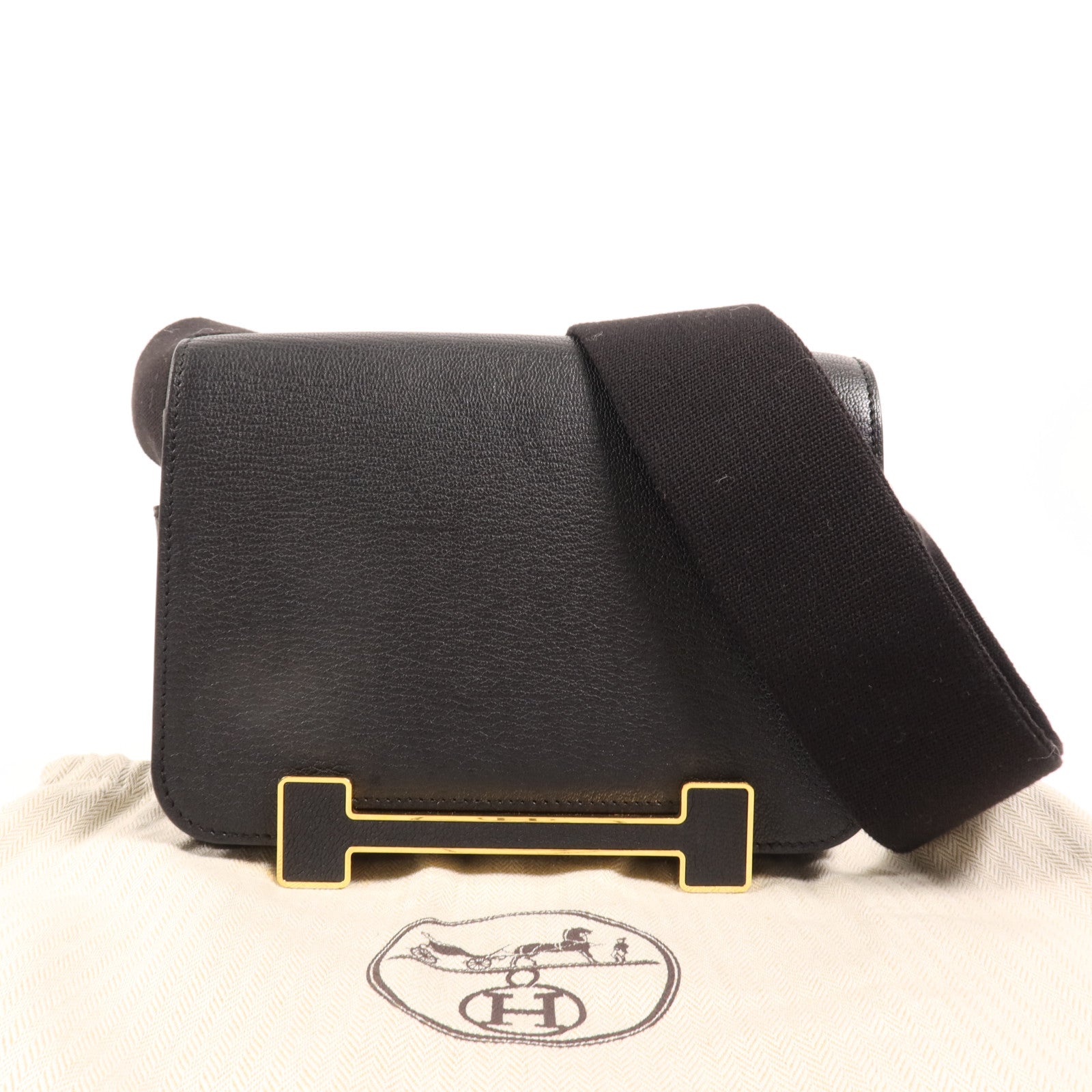 HERMES Chevre皮革Geta金扣肩背袋Noir