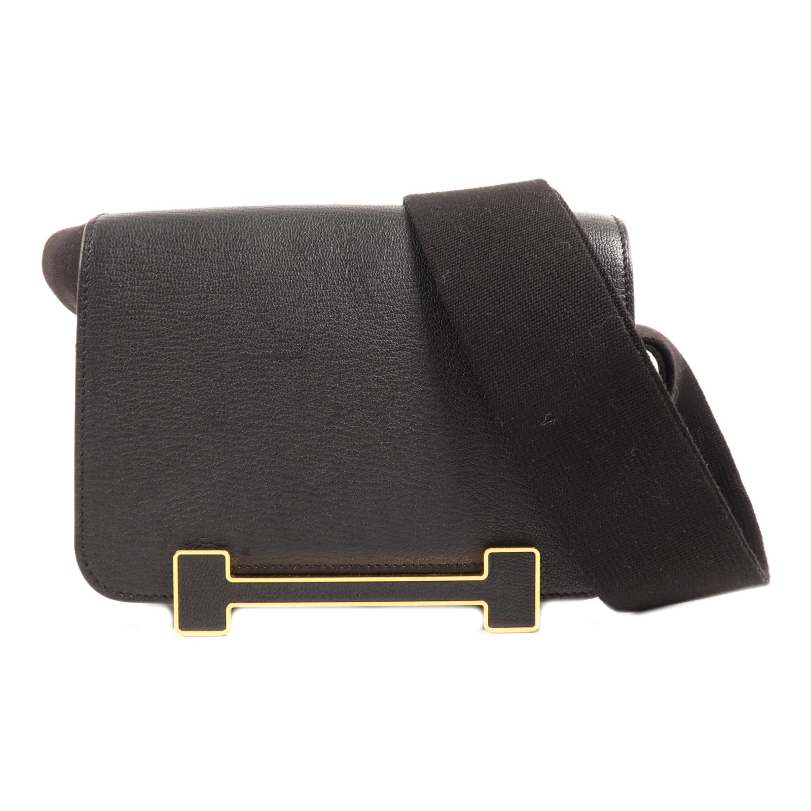 HERMES Chevre皮革Geta金扣肩背袋Noir