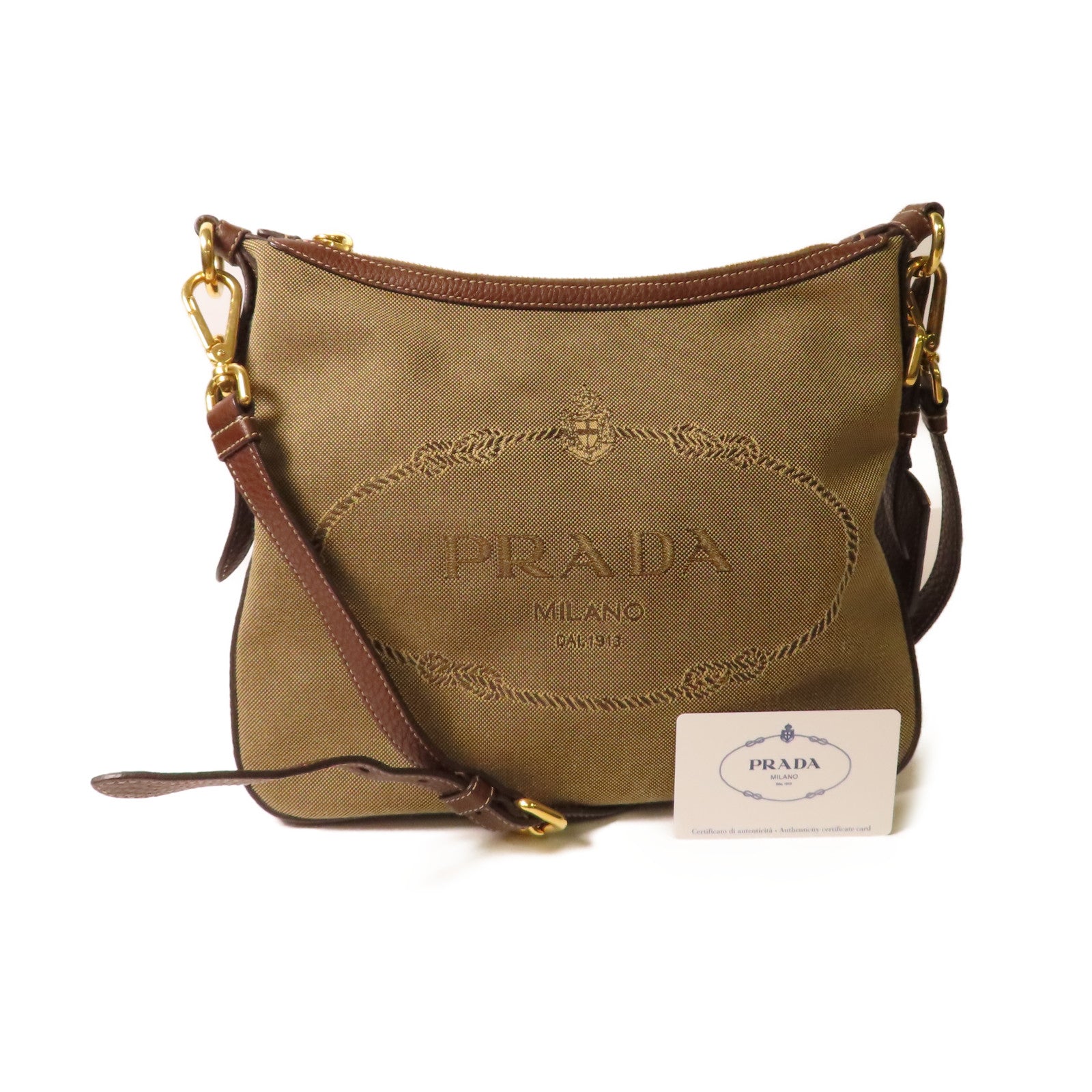 PRADA 帆布Logo Jacquard Shoulder Bag金扣肩背袋啡色