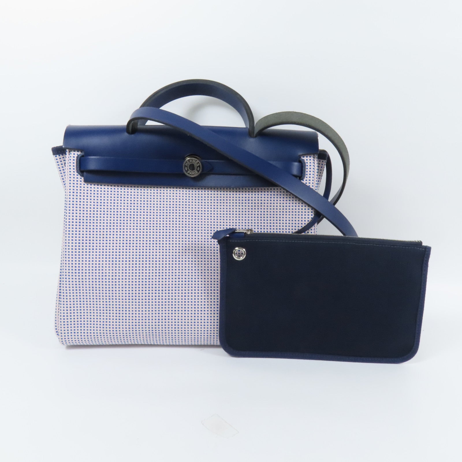 HERMES 帆布Herbag PM銀扣手挽肩背兩用袋Maue/Bleu