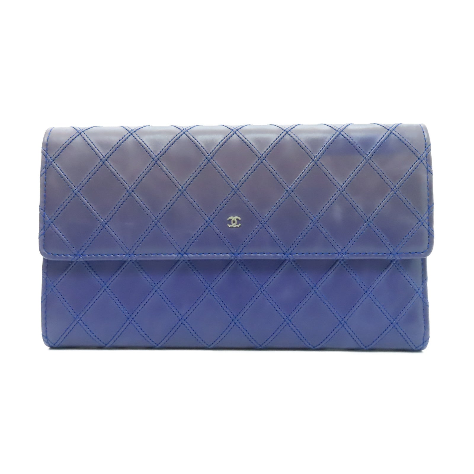 CHANEL 【激減優惠】菱格牛皮皮革Wallet銀扣長錢包藍色