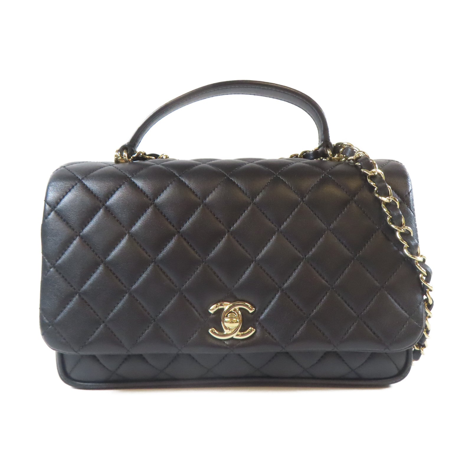 CHANEL 菱格牛皮皮革2 Way Shoulder Bag金扣手挽肩背兩用袋黑色