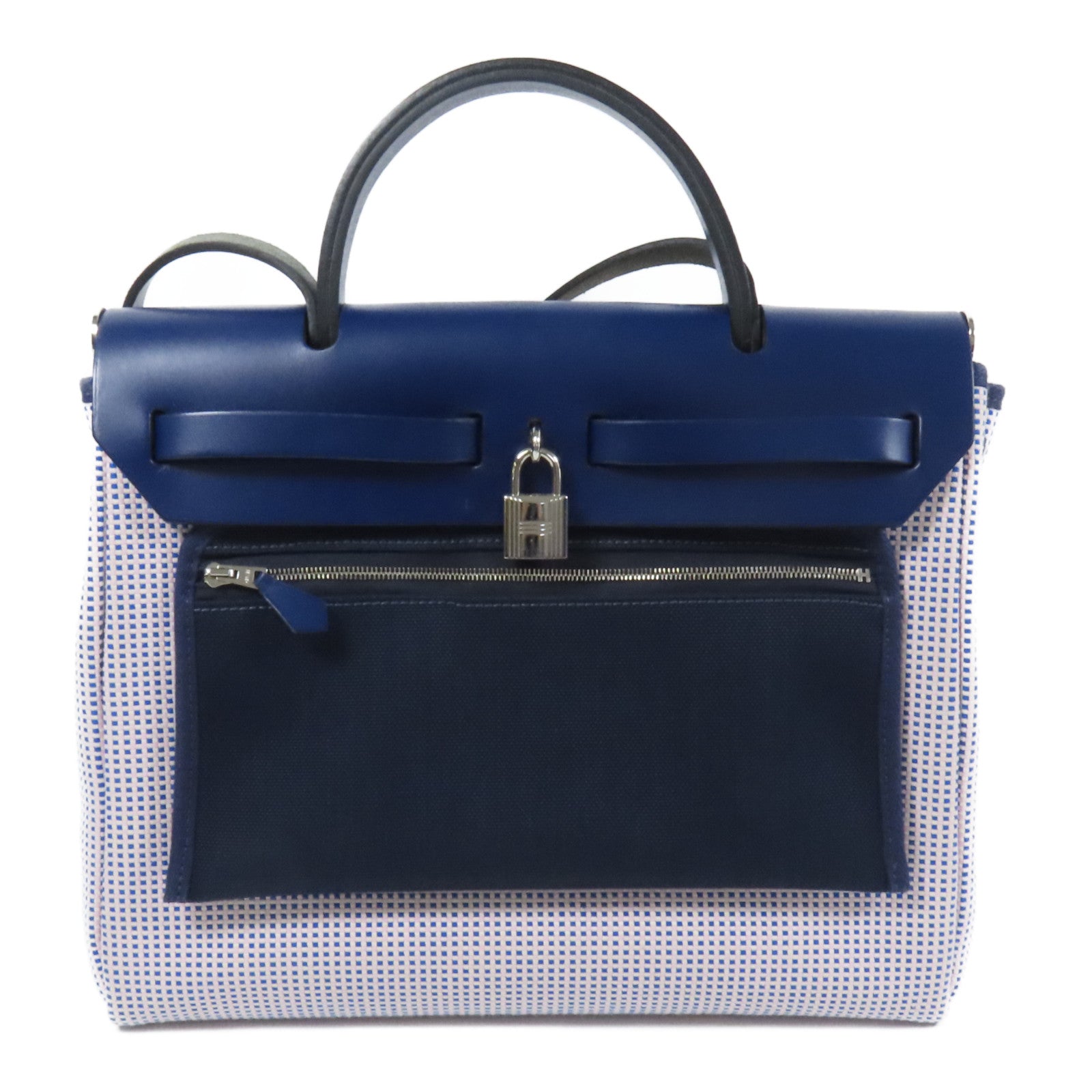 HERMES 帆布Herbag PM銀扣手挽肩背兩用袋Maue/Bleu