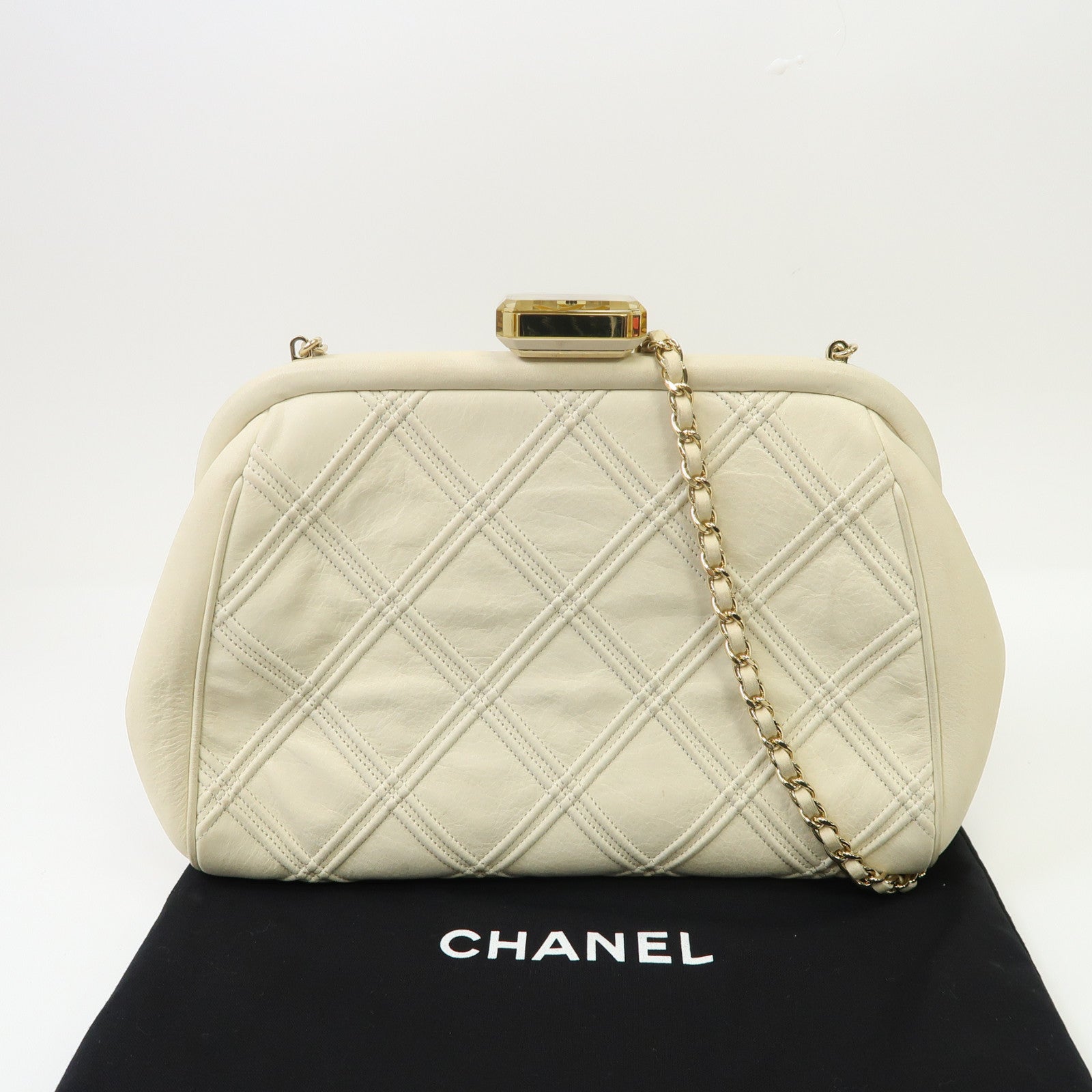 CHANEL 【激減優惠】菱格羊皮皮革Clutch Bag金扣鏈帶肩背袋米色