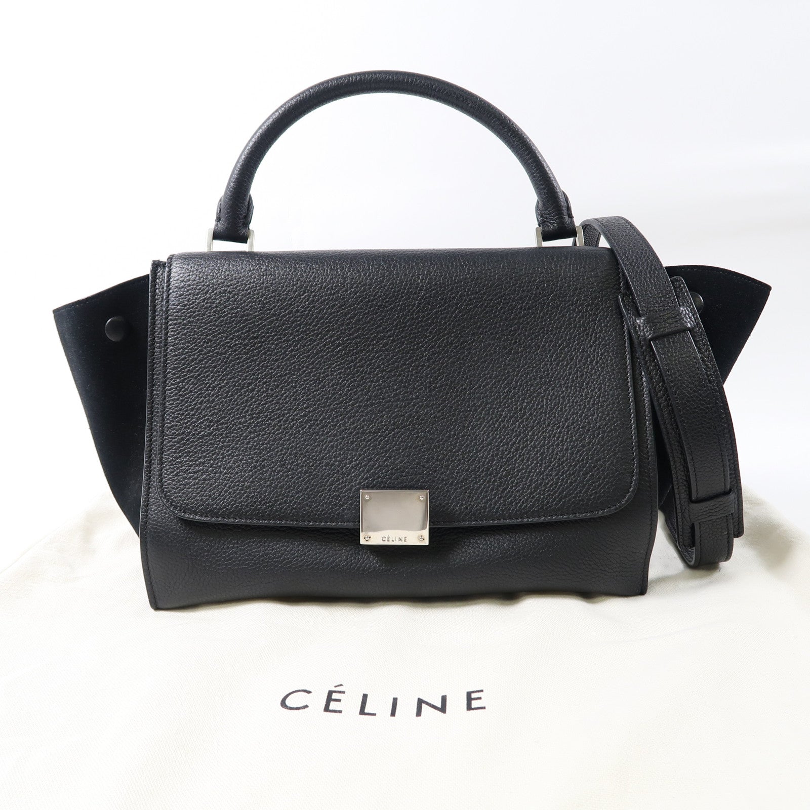 CELINE 牛皮皮革Trapeze銀扣手挽肩背兩用袋黑色