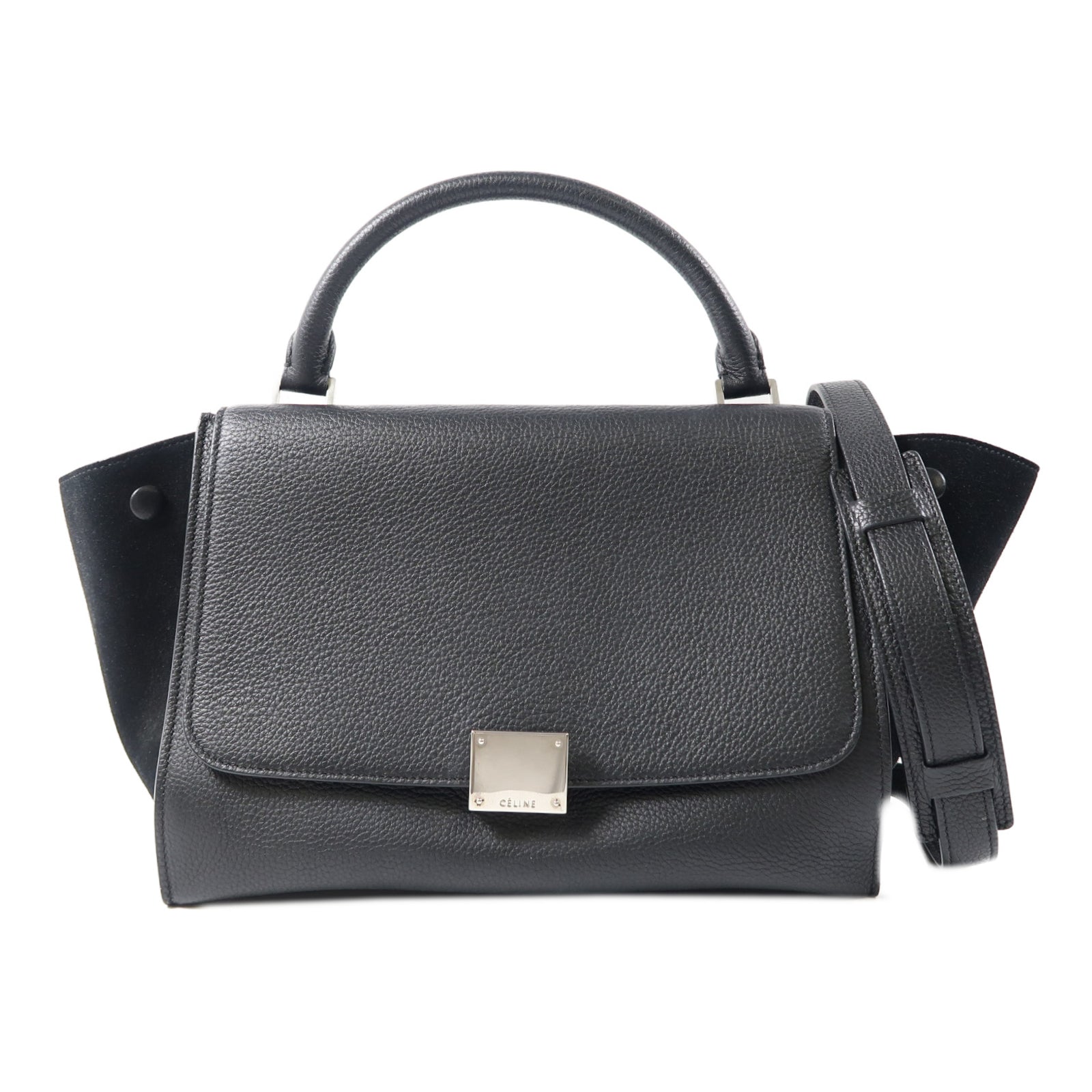 CELINE 牛皮皮革Trapeze銀扣手挽肩背兩用袋黑色