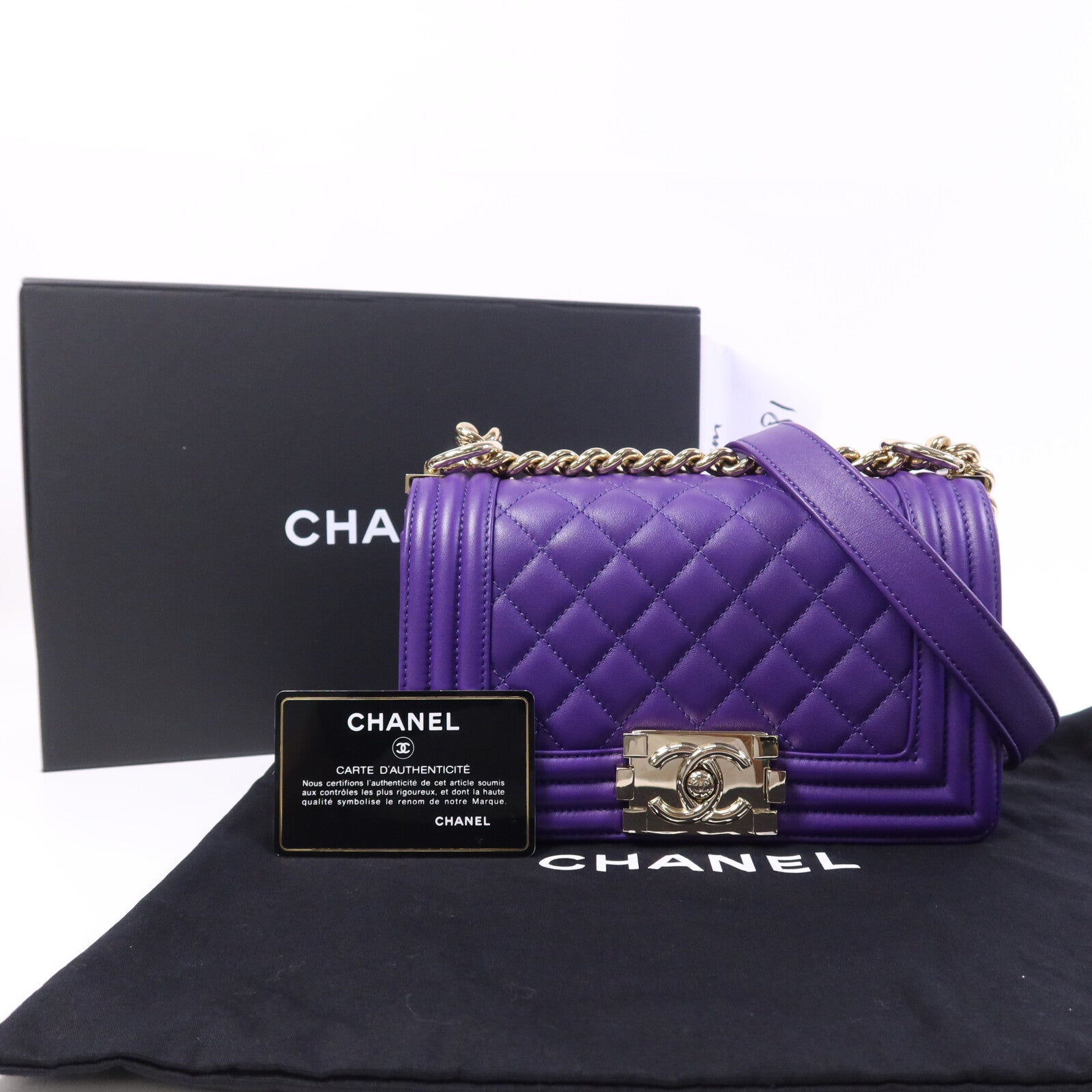 CHANEL 羊皮皮革Boy 20cm金扣鏈帶肩背袋