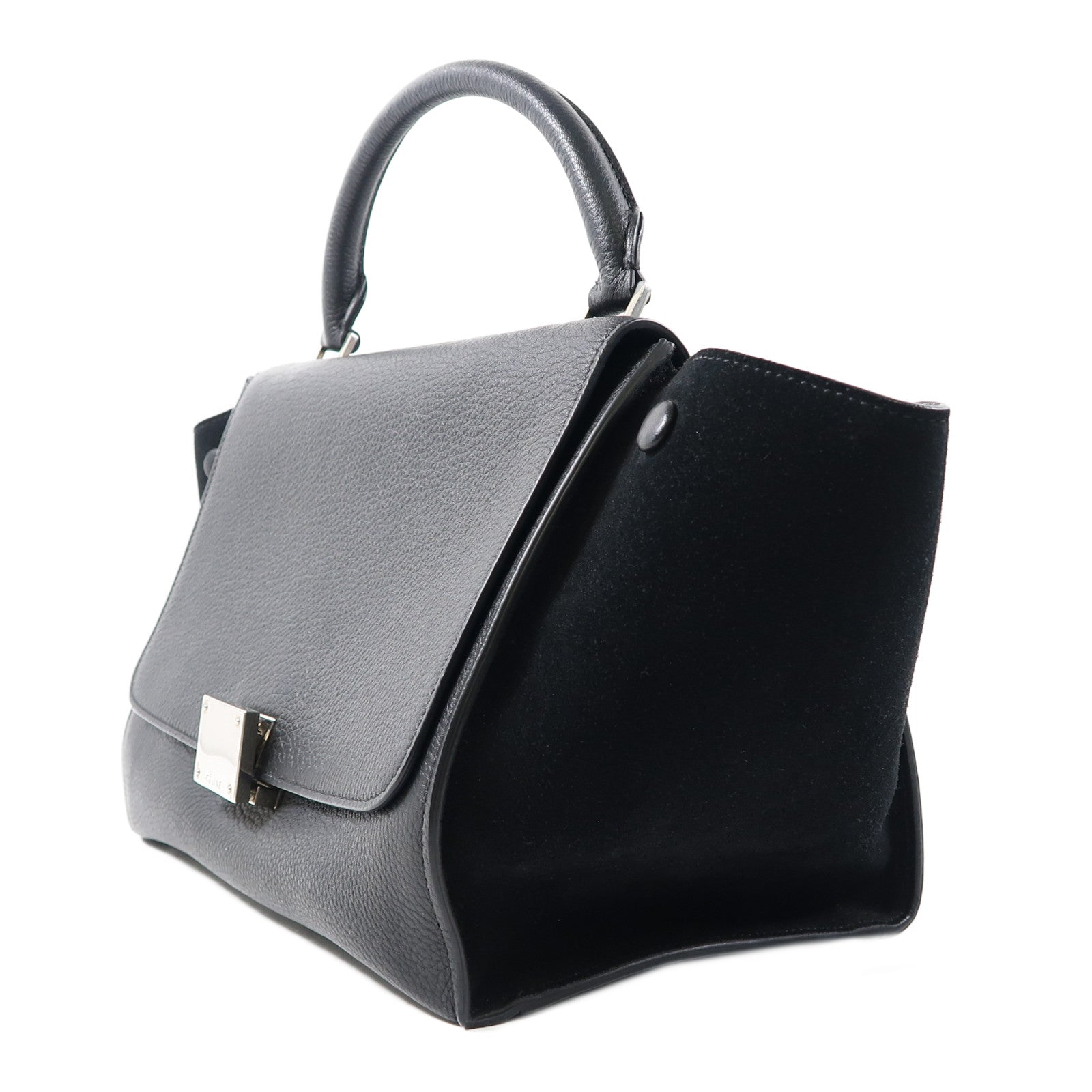 CELINE 牛皮皮革Trapeze銀扣手挽肩背兩用袋黑色