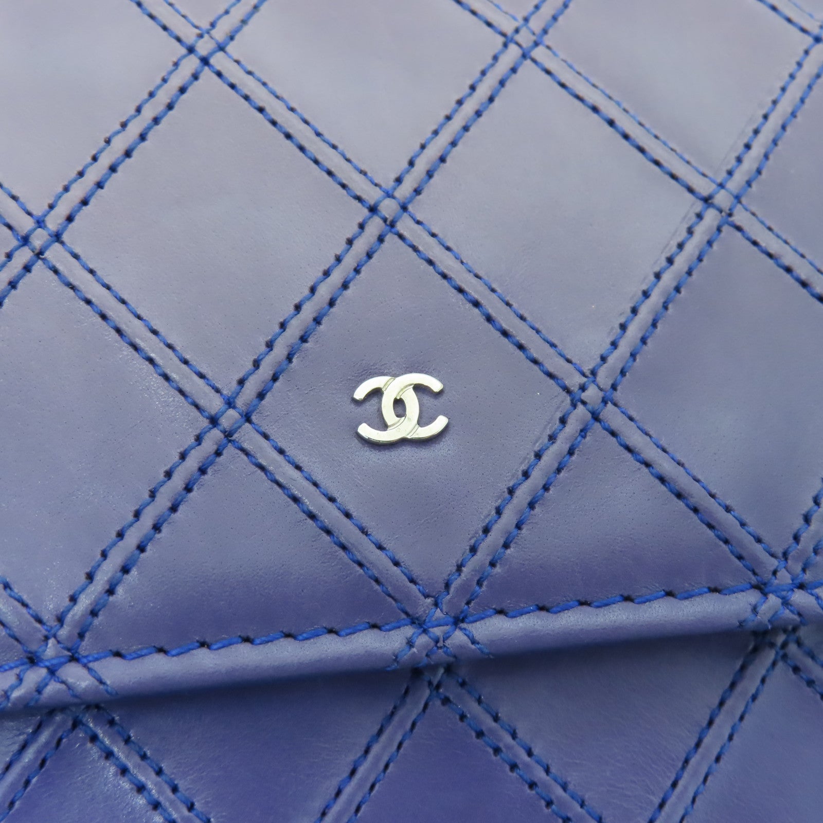 CHANEL 【激減優惠】菱格牛皮皮革Wallet銀扣長錢包藍色