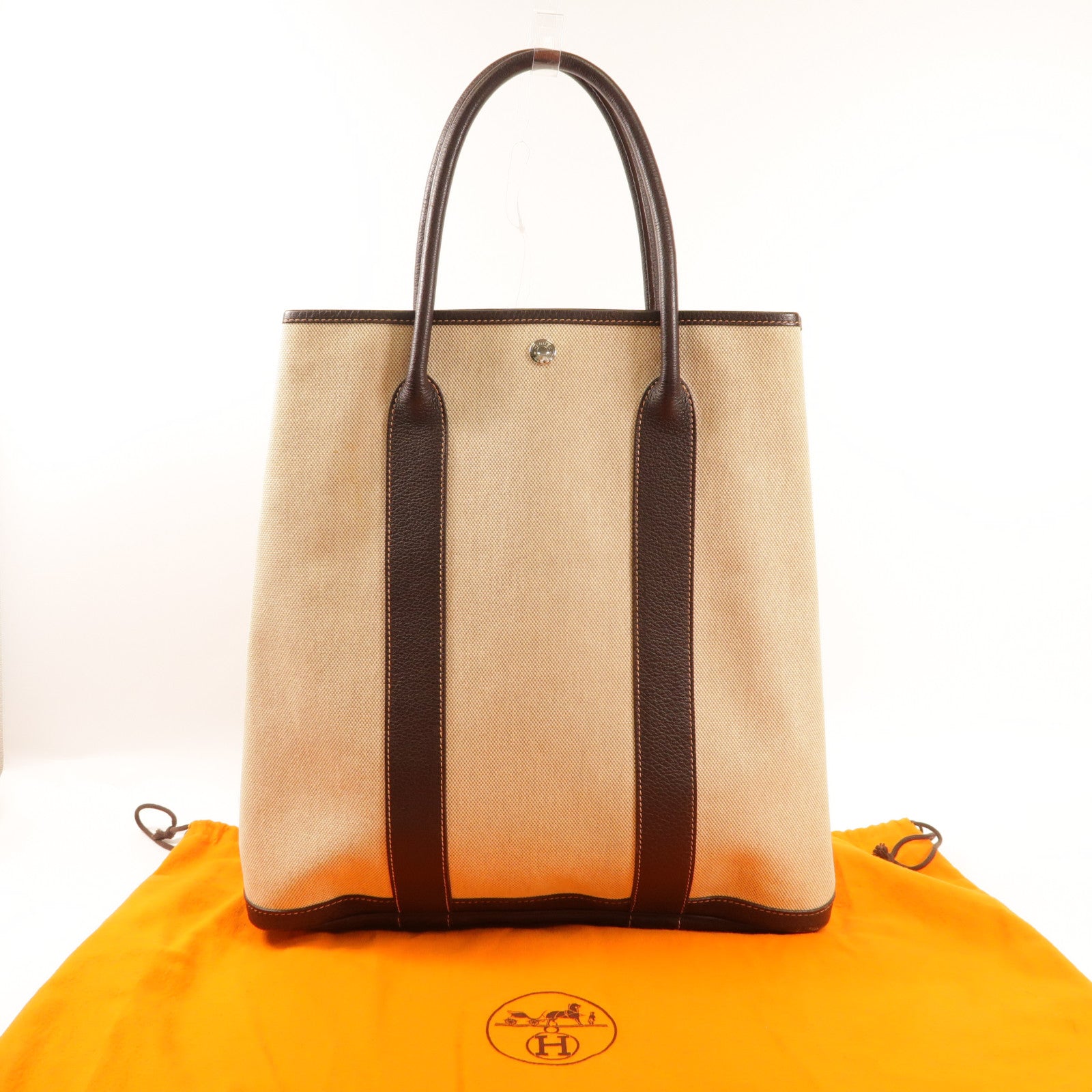 HERMES 帆布/皮革Garden File MM銀扣手挽袋Beige