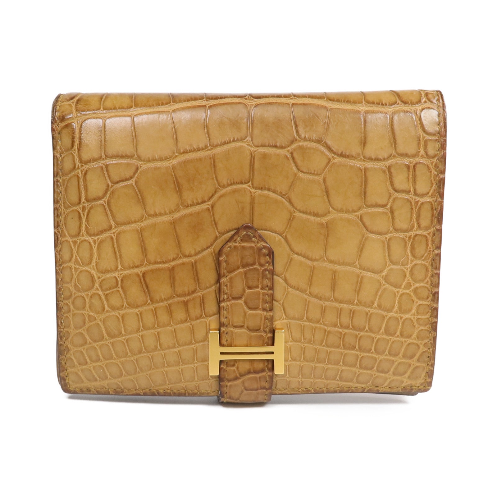 HERMES Alligator Mat皮革Bearn Compact Wallet金扣錢包Sesam
