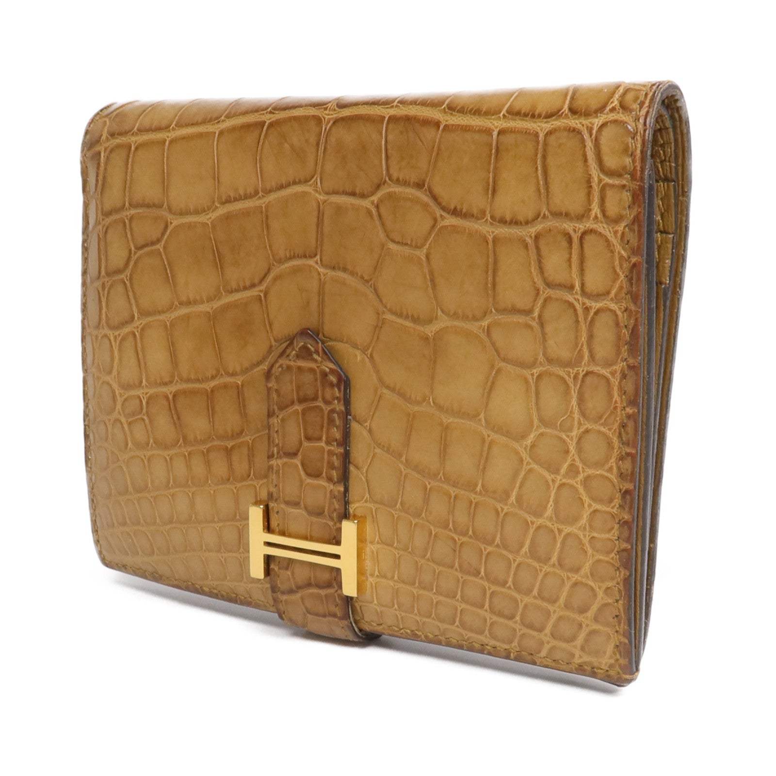 HERMES Alligator Mat皮革Bearn Compact Wallet金扣錢包Sesam