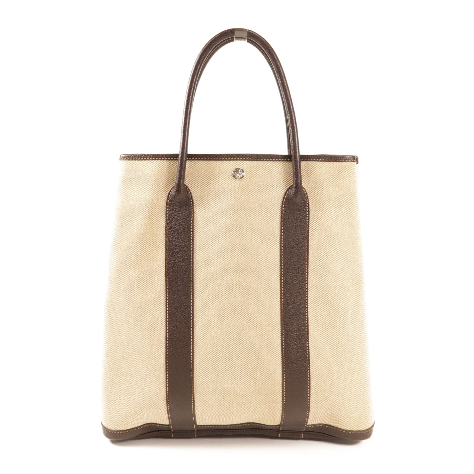 HERMES 帆布/皮革Garden File MM銀扣手挽袋Beige