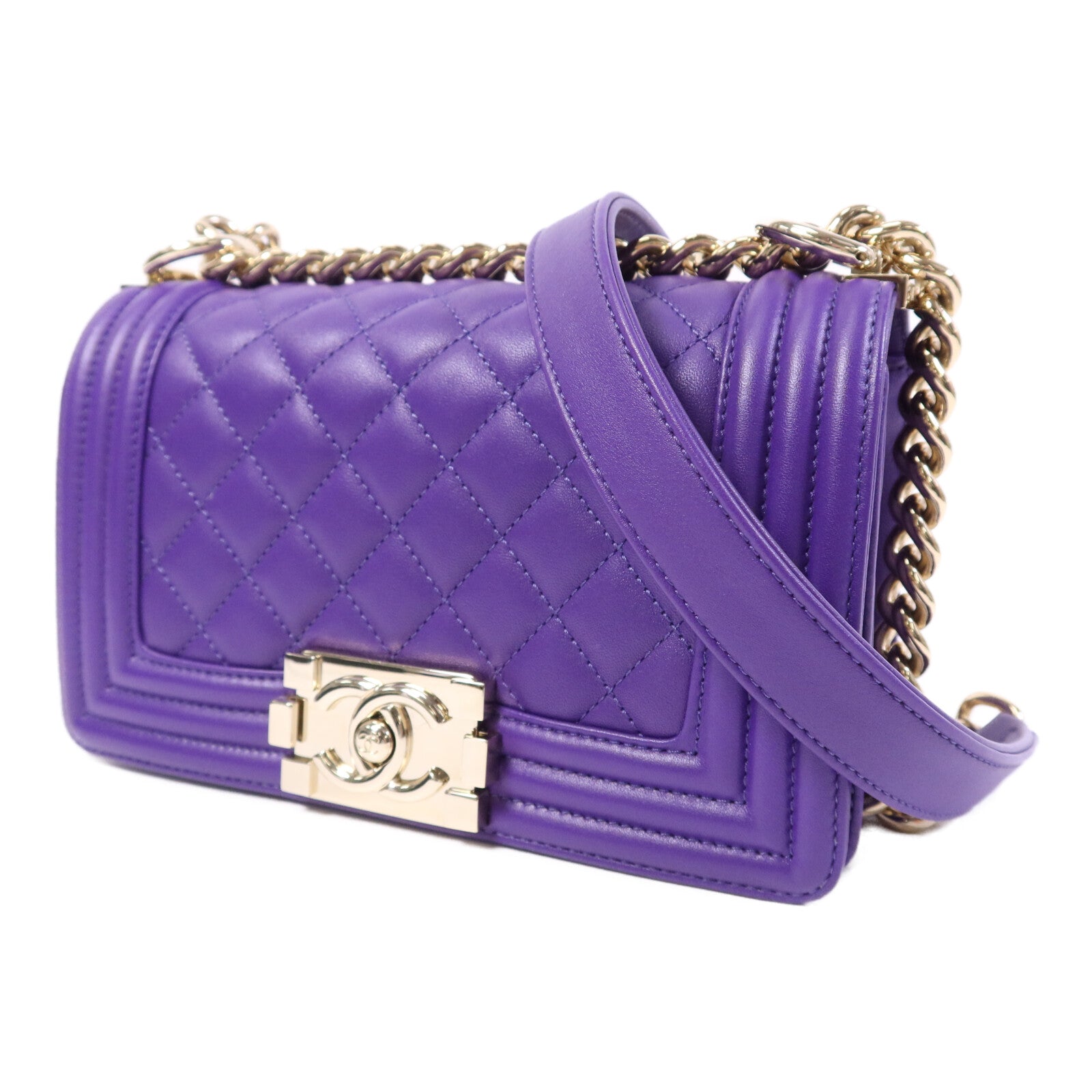 CHANEL 羊皮皮革Boy 20cm金扣鏈帶肩背袋